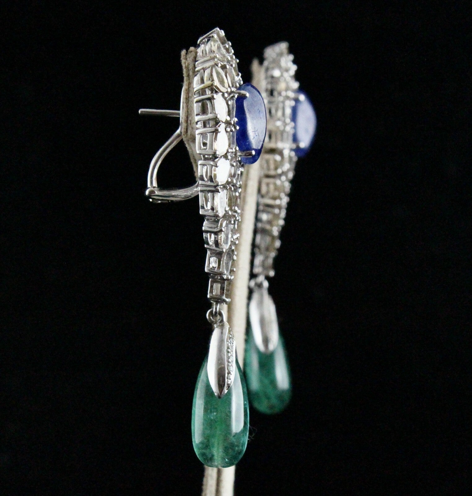 Certified Natural Blue Sapphire 10ct Emerald Cabochon Diamond 18k Gold Earrings