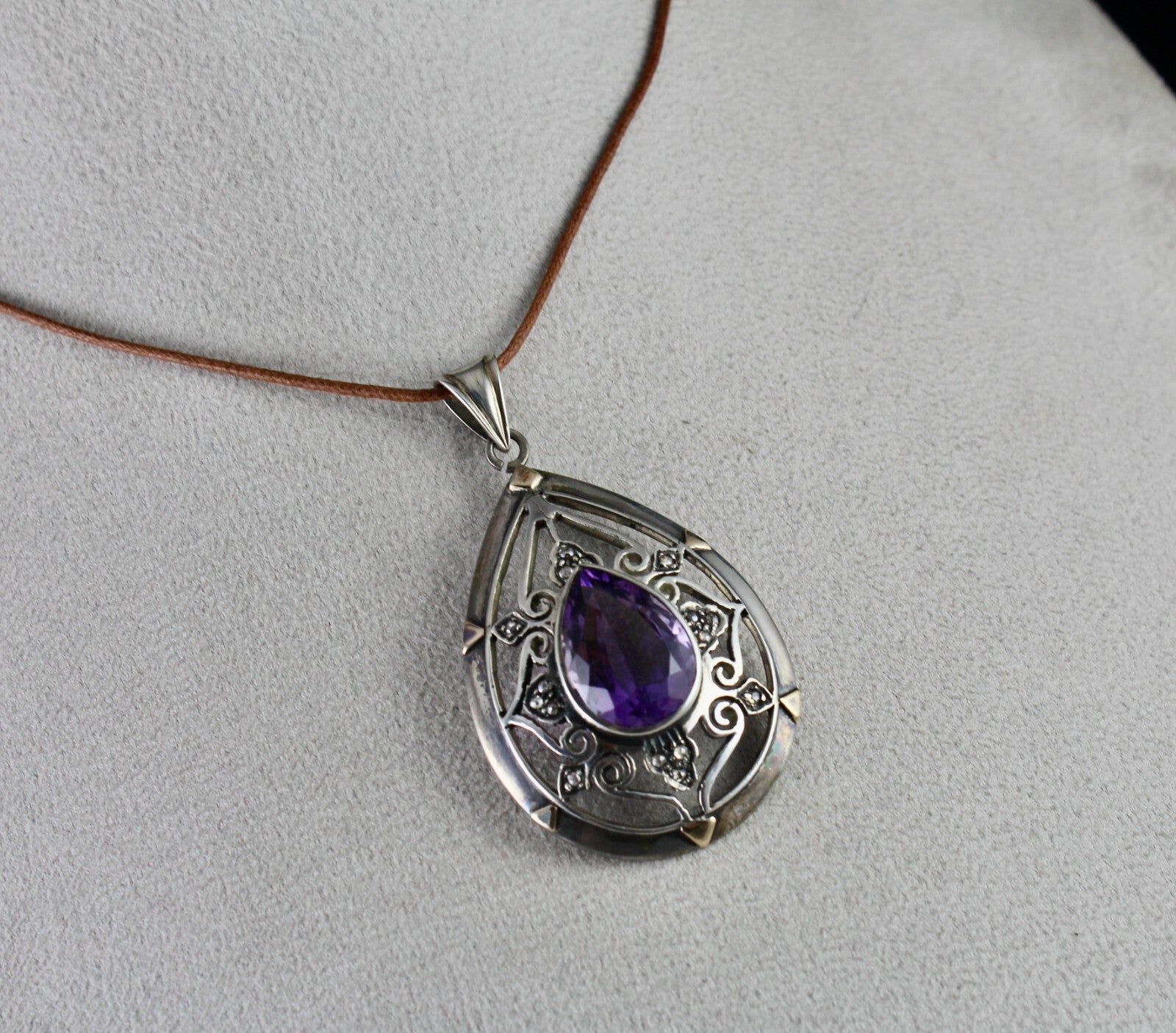 Antique Natural Amethyst 10ct Diamond Victorian Pendant Sterling Silver Gold