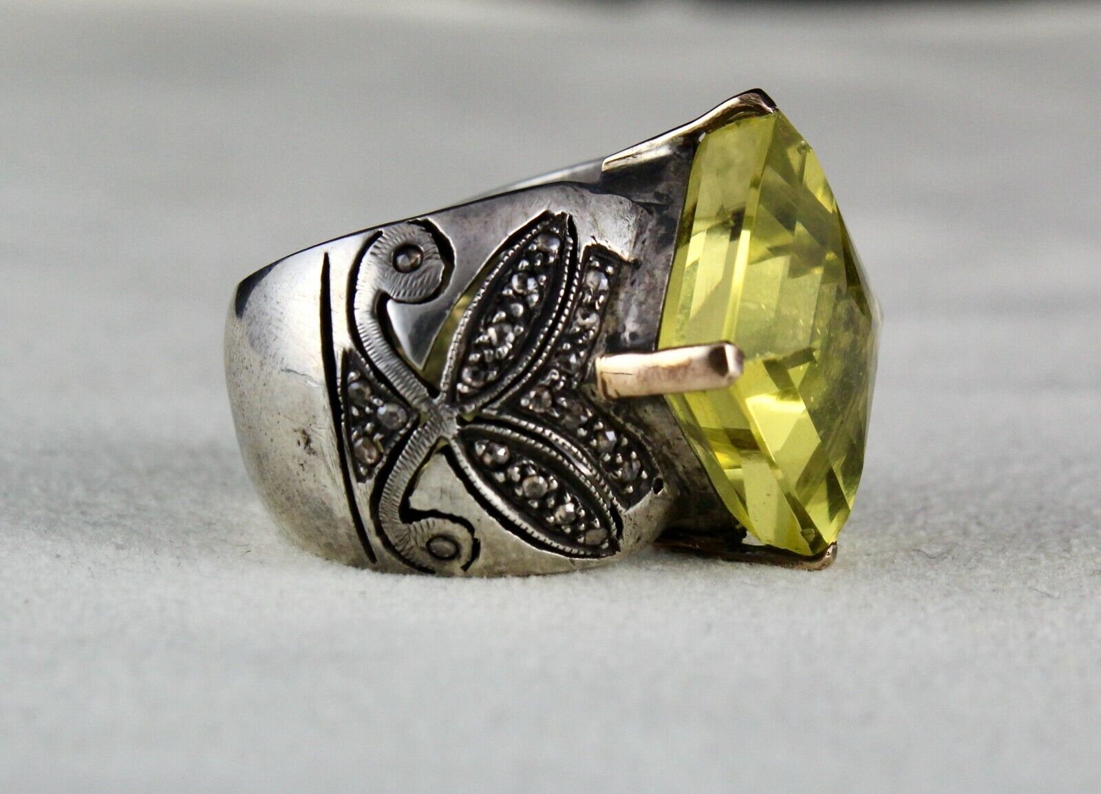 NATURAL LEMON QUARTZ GEMSTONE DIAMOND 18K GOLD SILVER COCKTAIL VICTORIAN RING