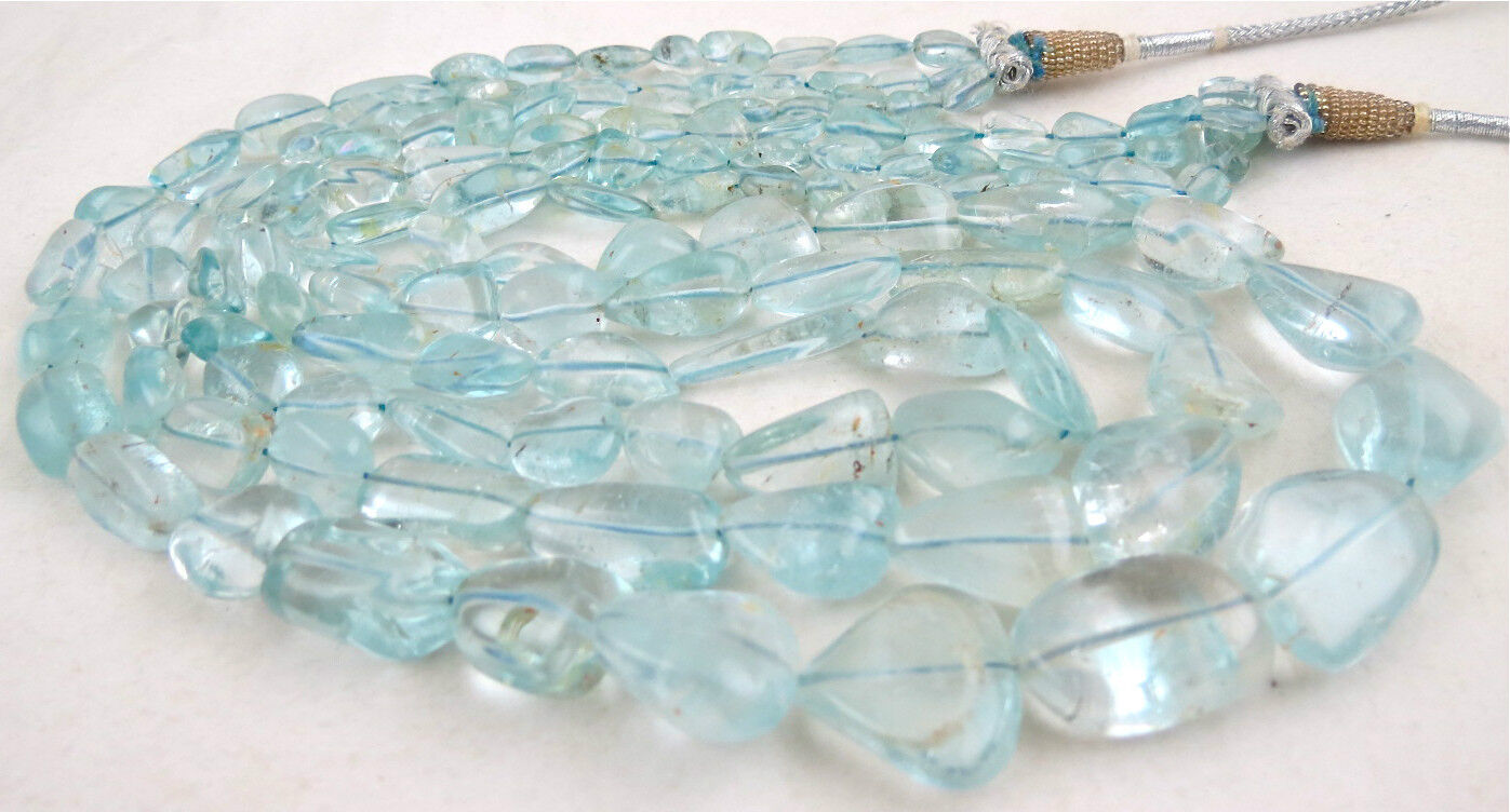 NATURAL BLUE TOPAZ BEADS TUMBLE 3 LINE 860 CARATS GEMSTONE BEADED FINE NECKLACE