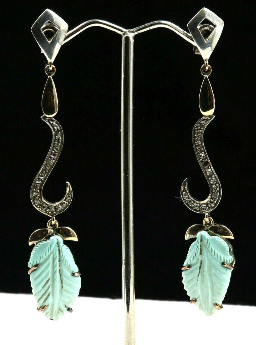 Turquoise Carved Leaves Diamond 18K Gold 925 Silver Victorian Gemstone Earring
