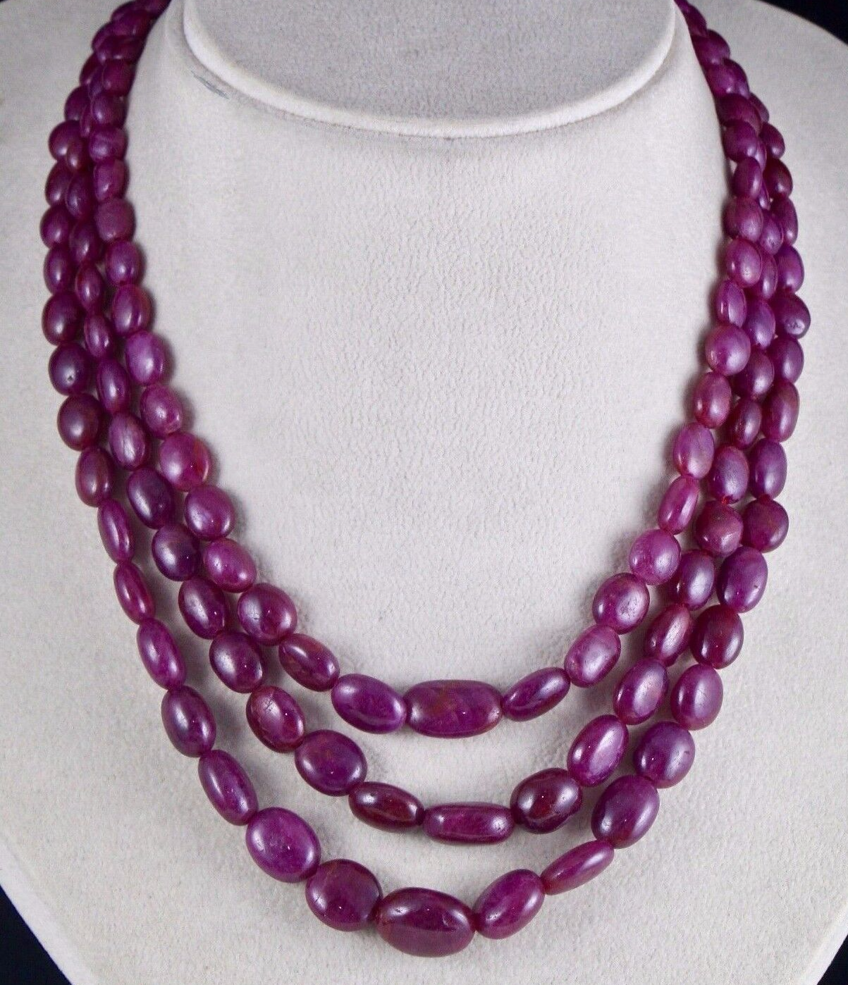 NATURAL UNTREATED RED RUBY BEADS CABOCHON 3 LINE 595 CARATS GEMSTONE NECKLACE
