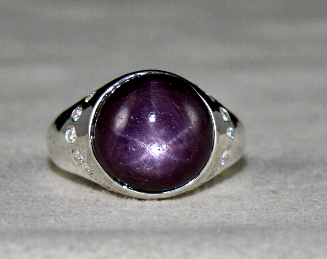 Natural Ruby Star 925 Silver Ring White Moissanite Diamond GemStone Cabochon