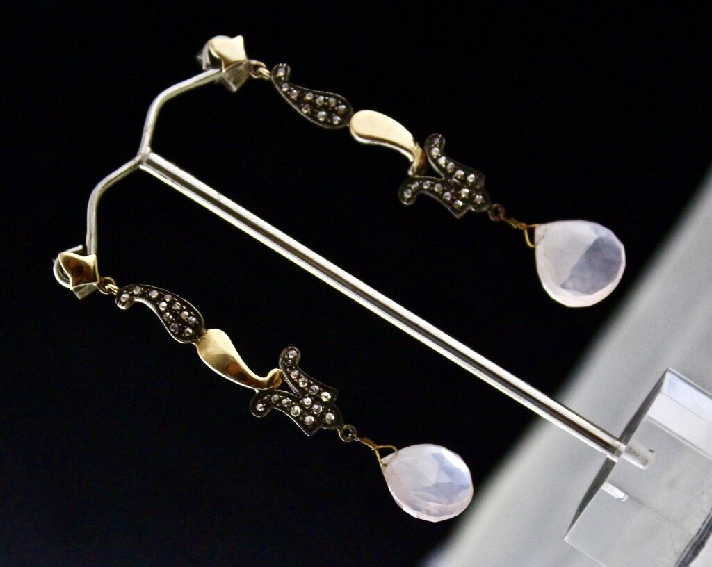 NATURAL ROSE QUARTZ TEAR DROPS DIAMOND 18K GOLD 925 SILVER VICTORIAN EARRING