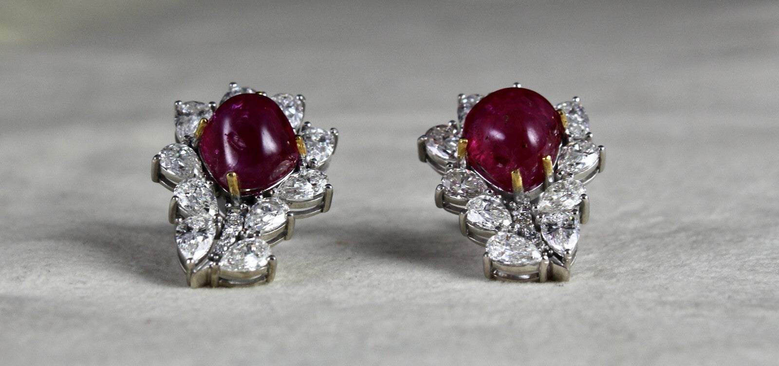 Certified 18k Gold Natural Diamond Burma Ruby Cabochon Stud Earrings 33.9ct