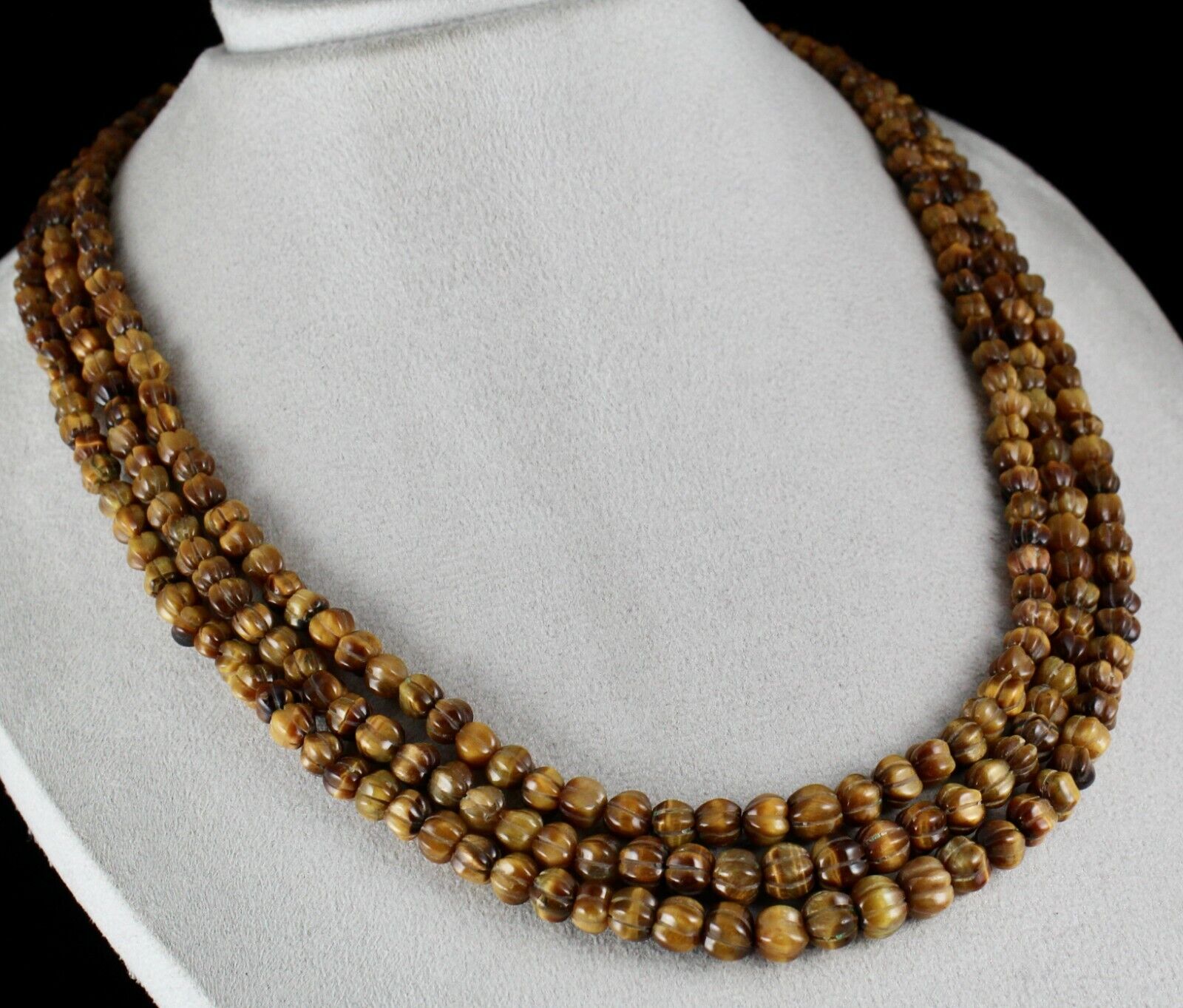 NATURAL TIGER EYE BEADS CARVED 3 LINE 593 CTS GEMSTONE LADIES ANTIQUE NECKLACE