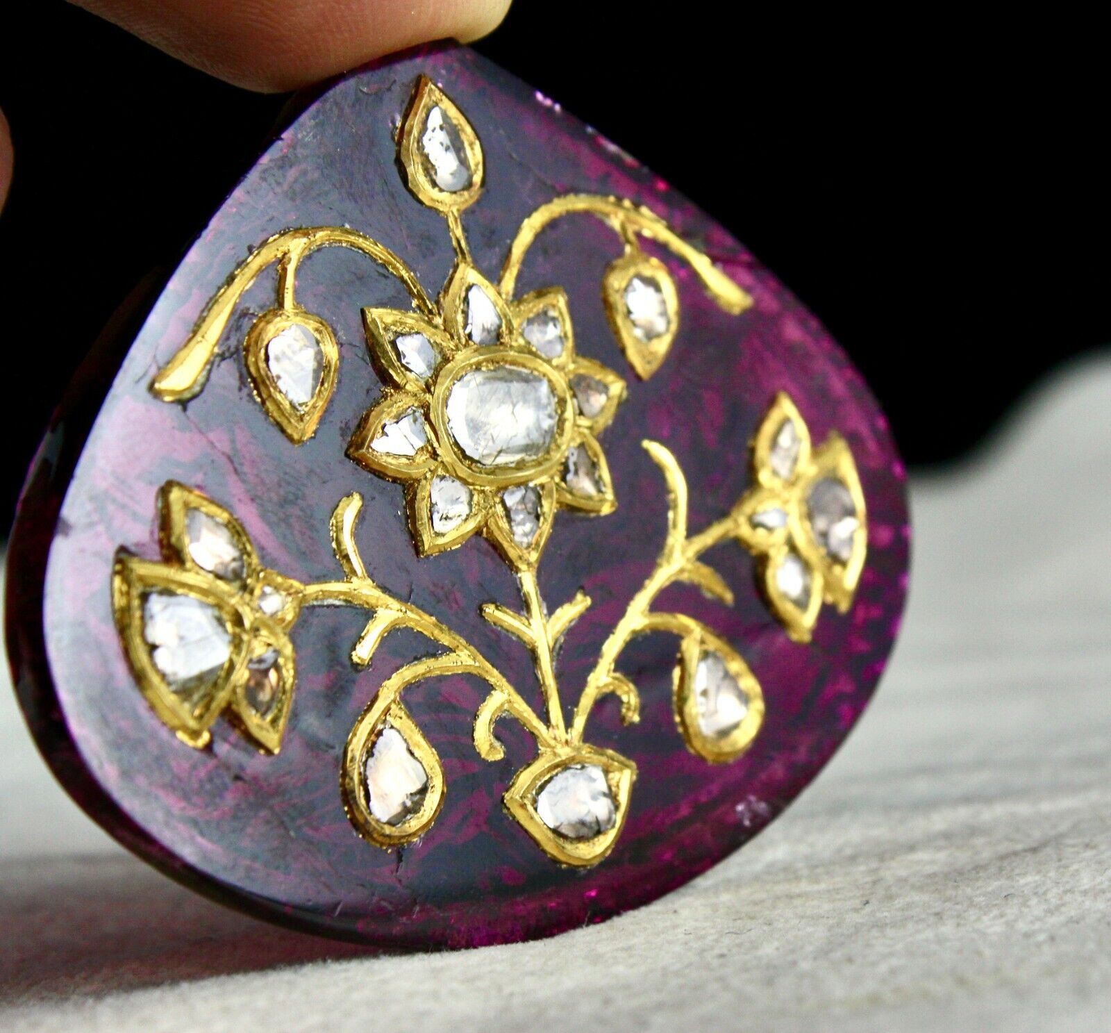 PINK TOURMALINE RUBELLITE DIAMOND 22K GOLD JADAU GEMSTONE PENDANT EARRING DESIGN