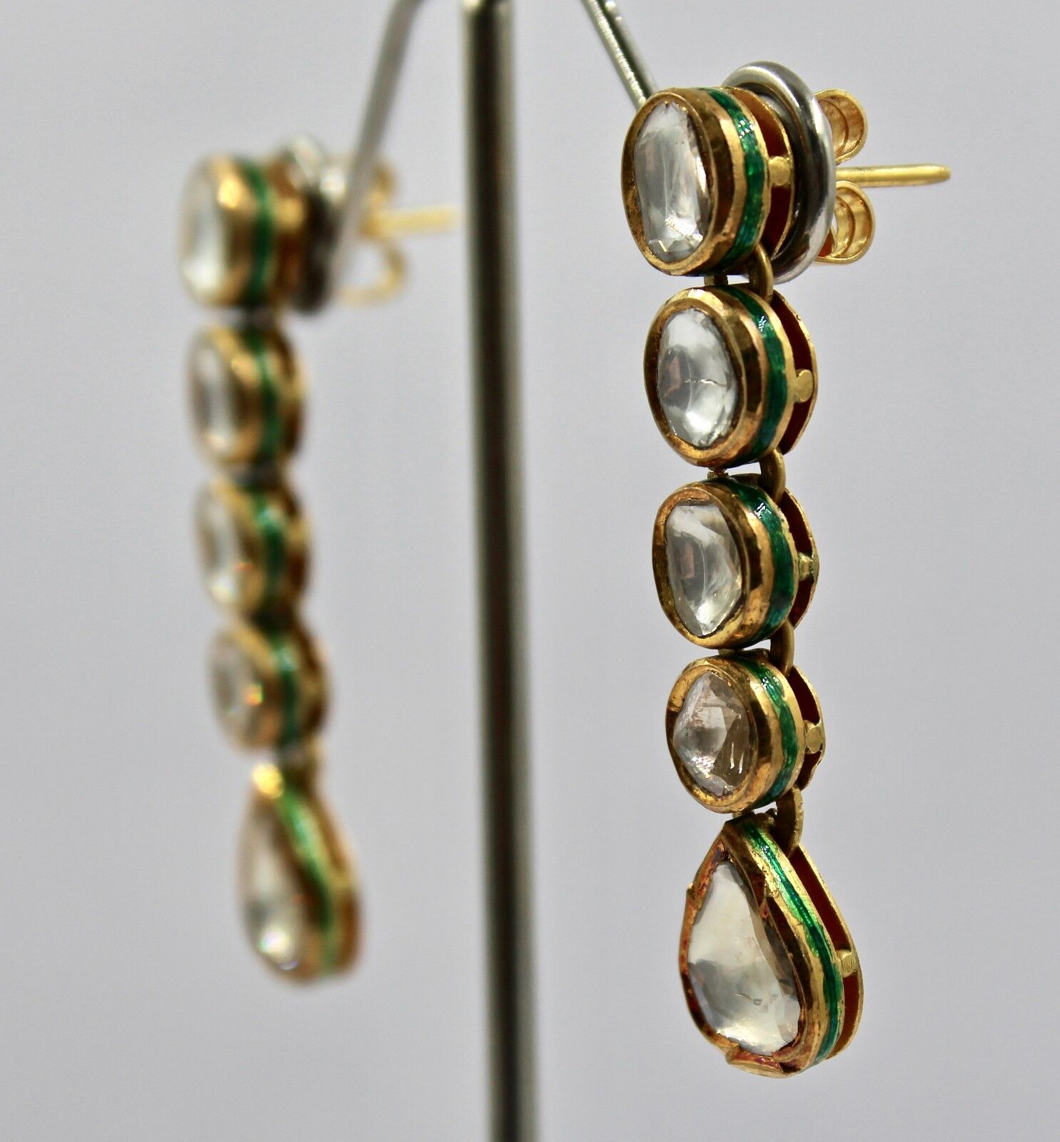 EXCLUSIVE BIG FLAT DIAMOND 22K GOLD JADAU KUNDAN MEENA LADIES DANGLE EARRING