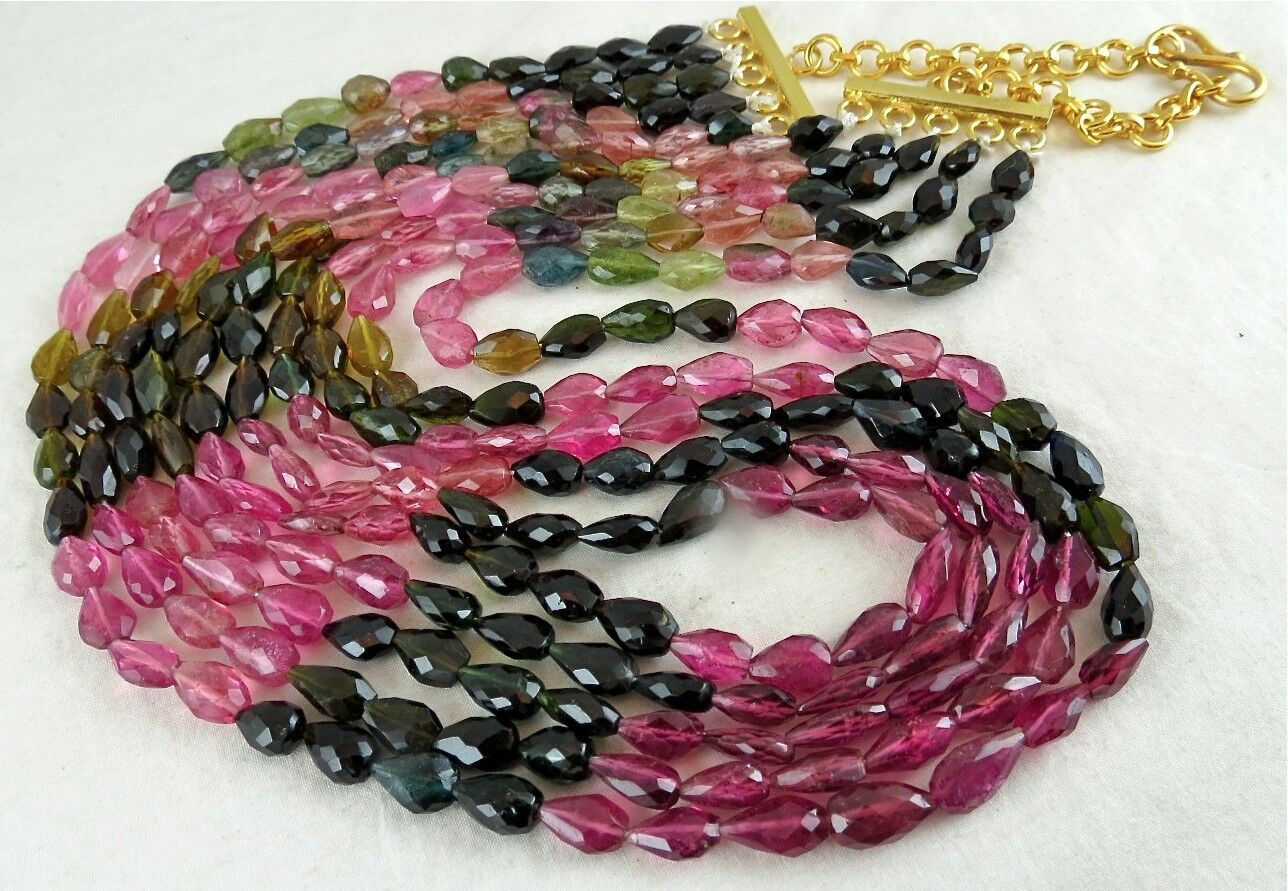 NATURAL MULTI TOURMALINE BEADS FACETED TEARDROPS 5 LINE 560CTS GEMSTONE NECKLACE