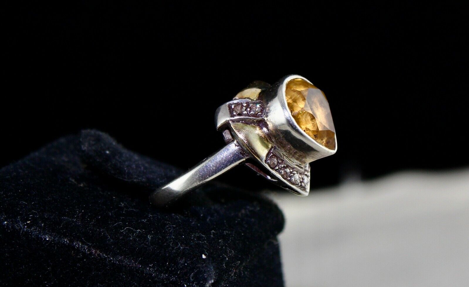 ANTIQUE NATURAL YELLOW CITRINE HEART CUT 18K GOLD DIAMOND SILVER VICTORIAN RING