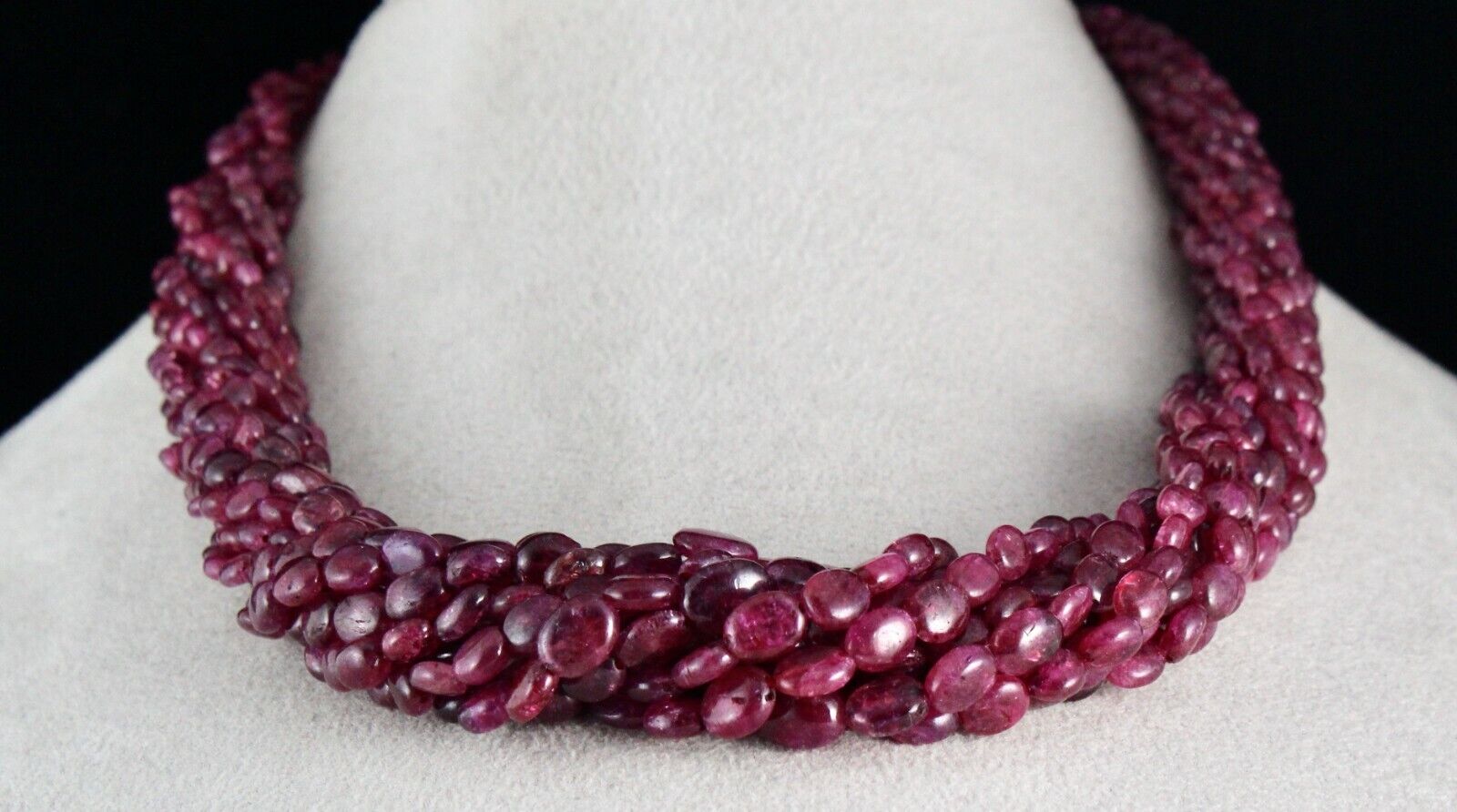 RUBY CORUNDUM BEADS LONG 11 LINE 850 CARATS OLD DYED GEMSTONE SILVER NECKLACE