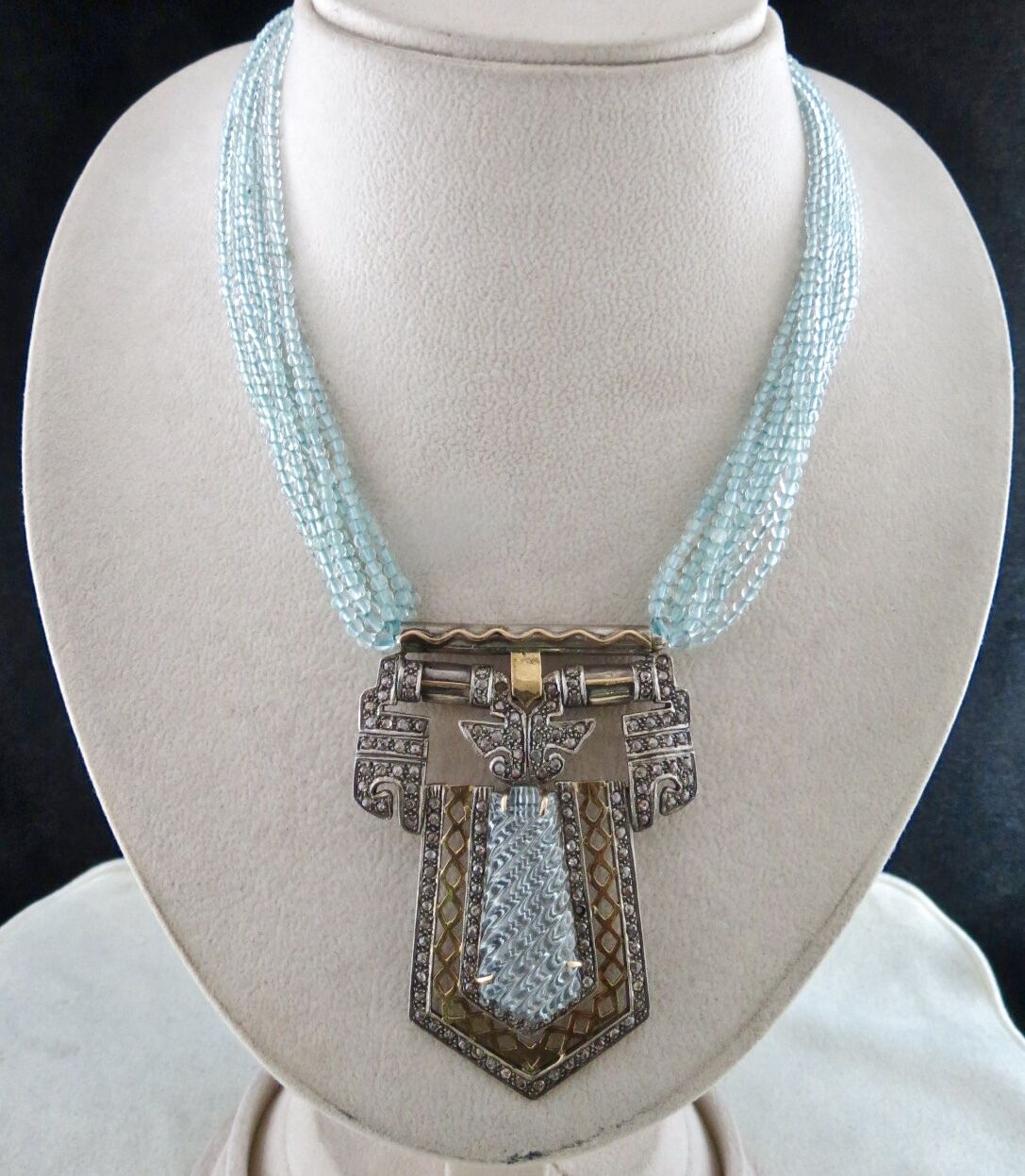 BLUE AQUAMARINE STONE & BEADS DIAMOND GOLD SILVER VICTORIAN EARRING PENDANT SET