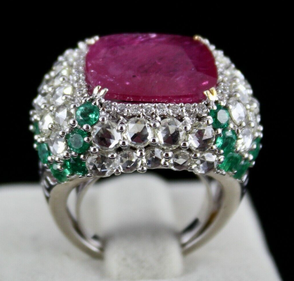 IMPORTANT NATURAL RUBY CUSHION ROSE CUT DIAMOND EMERALD 18K GOLD COCKTAIL RING