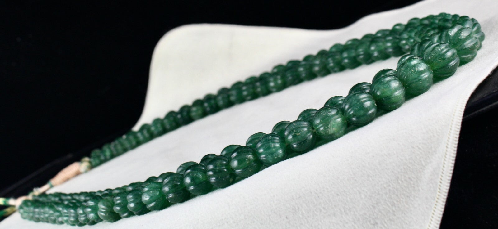 Natural Green Quartz 1034 Ct Melon Beaded Necklace, Carved Gemstone, 2 Line
