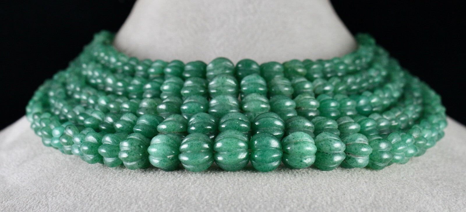 Natural Green Quartz Melon Beaded Necklace 1153 Ct 5 Line Old Carved Gemstone