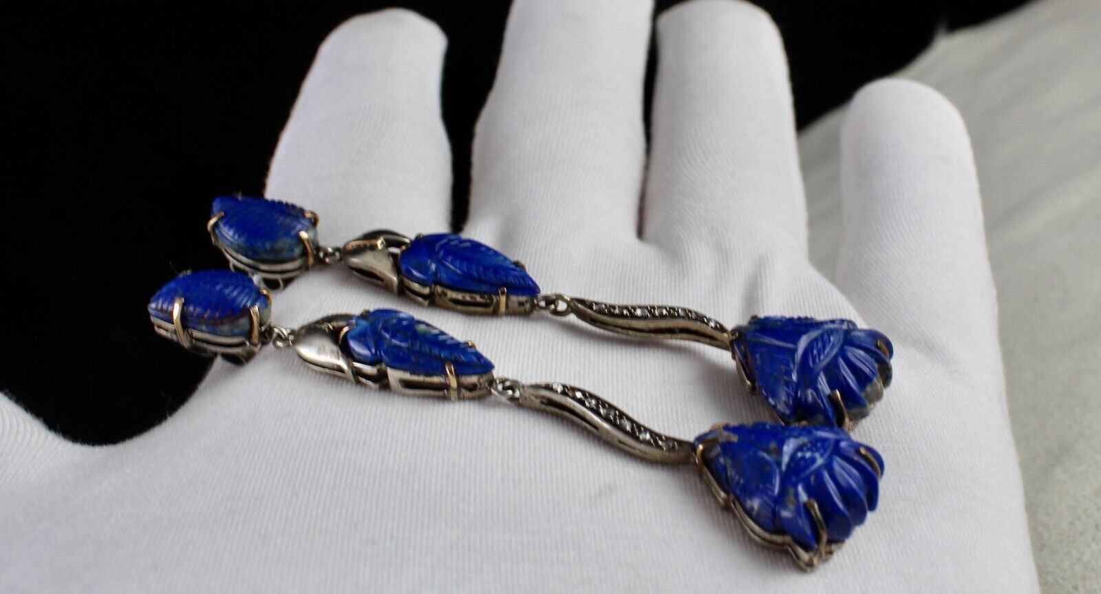 NATURAL LAPIS LAZULI CARVED LEAF DIAMOND 18K GOLD 925 SILVER VICTORIAN EARRING