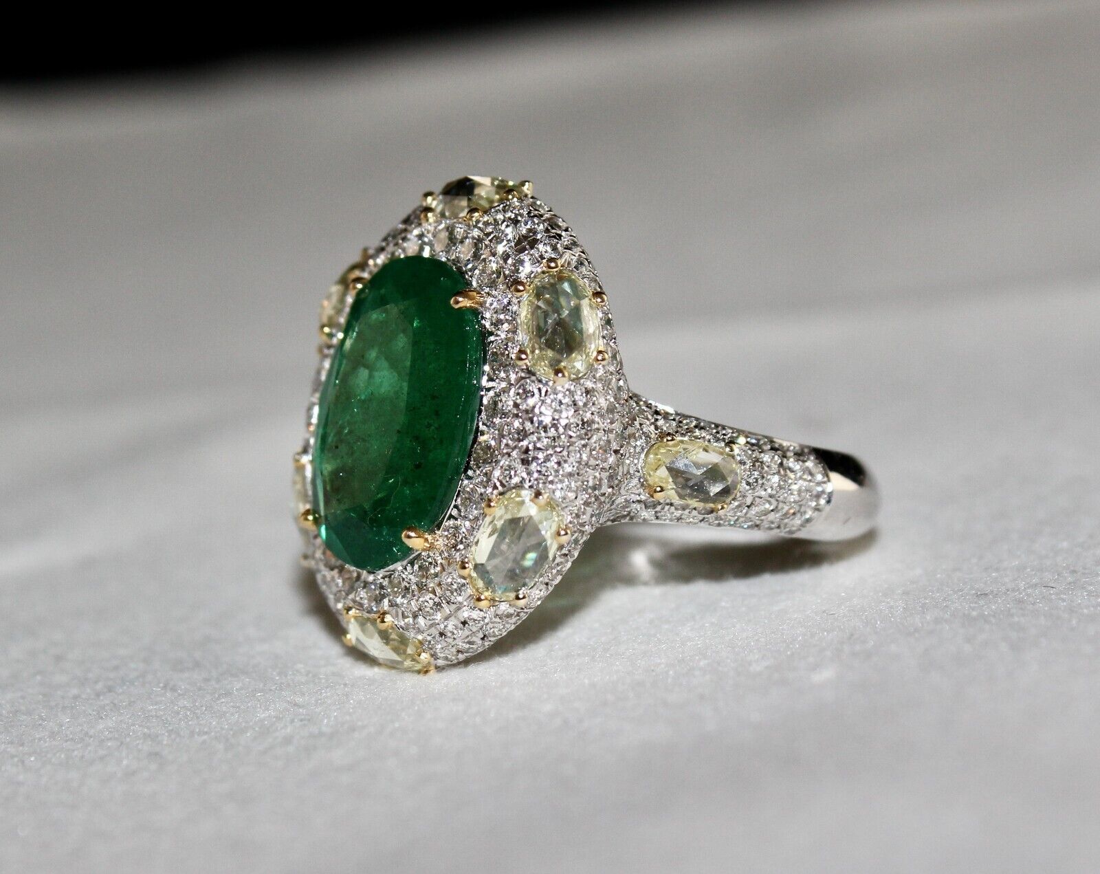 Certified Natural Zambia Emerald Oval Cut RoseCut Diamond 18K Gold Cocktail Ring