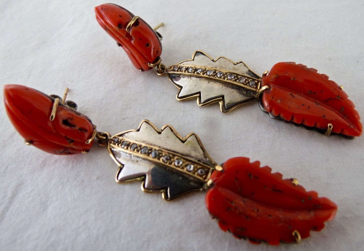 NATURAL CORAL CARVED 19.50 CARATS LEAVES DIAMOND 925 SILVER 18K GOLD EARRING