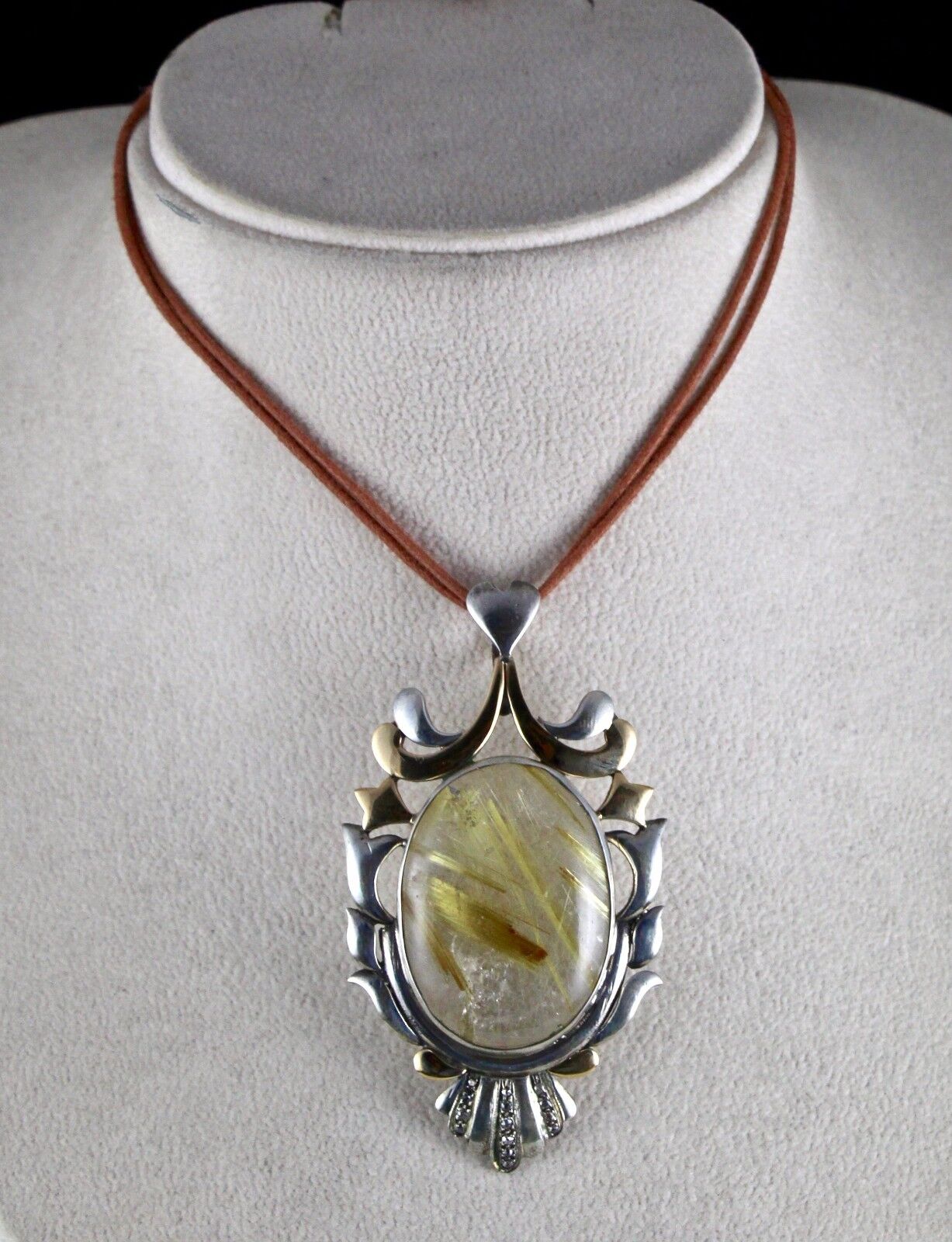 NATURAL RUTILE OVAL CABOCHON 18K GOLD DIAMOND 925 SILVER VICTORIAN PENDANT