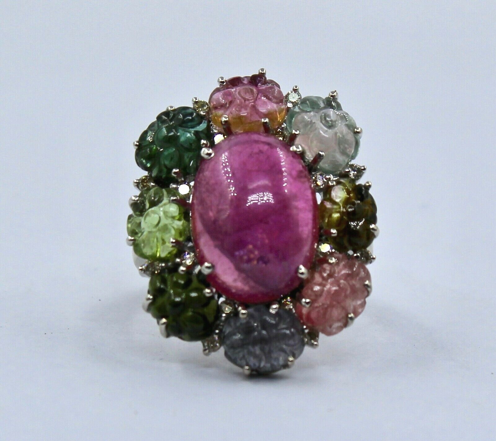 MULTI COLOR TOURMALINE CARVED FLOWER DIAMOND RING IN 925 STERLING SILVER