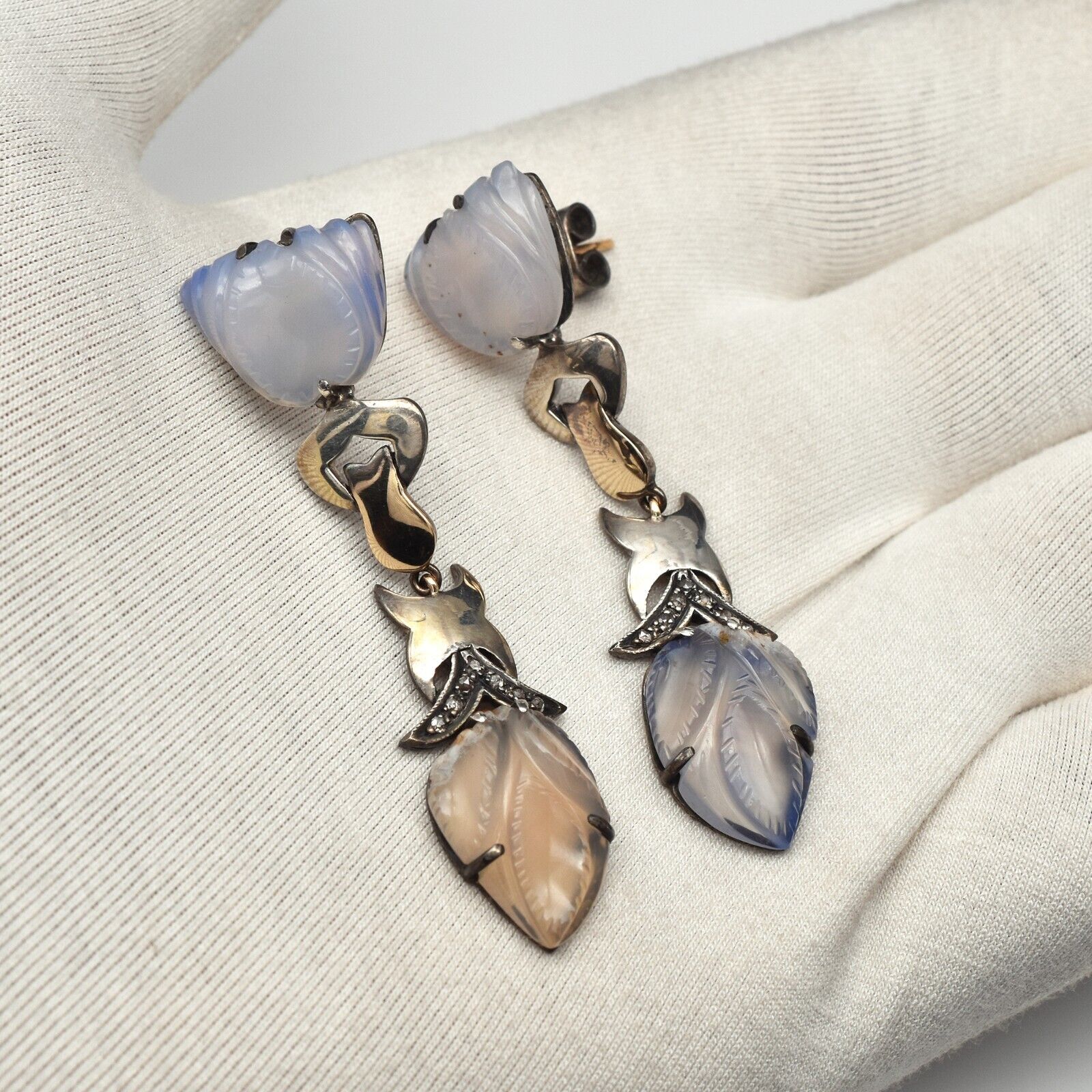 Vintage Blue Chalcedony Carved Diamond 18K Gold Silver Dangle Victorian Earring