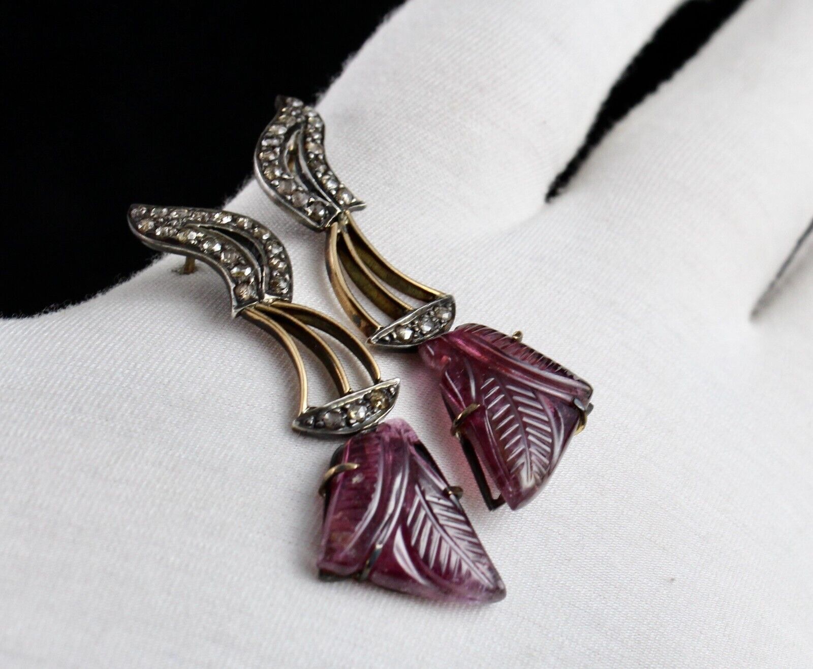 Natural Pink Tourmaline Carved Diamond 18K Gold Silver Victorian Antique Earring