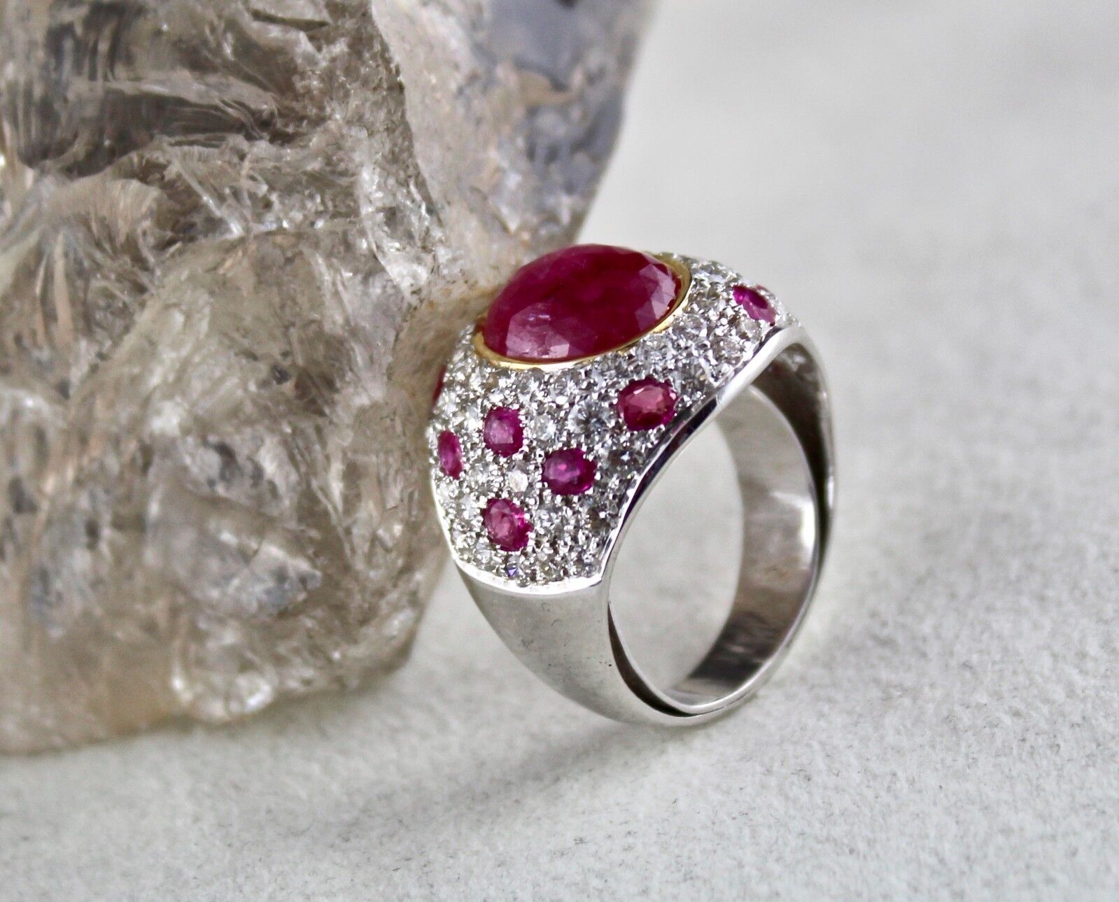 NATURAL NO HEAT BURMESE RUBY CABOCHON WHITE DIAMOND 18K GOLD COLLECTOR RING