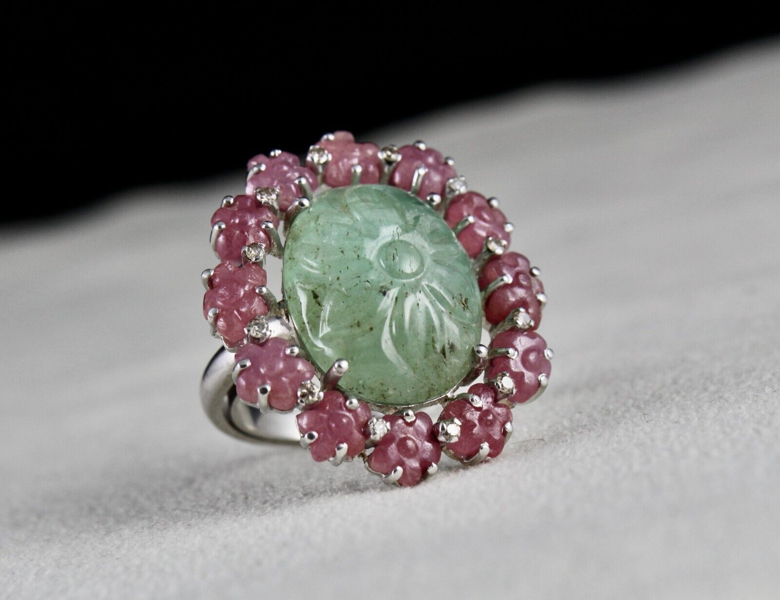 Antique Natural Emerald Ruby Carved Gemstone Diamond Silver Big Cocktail Ring