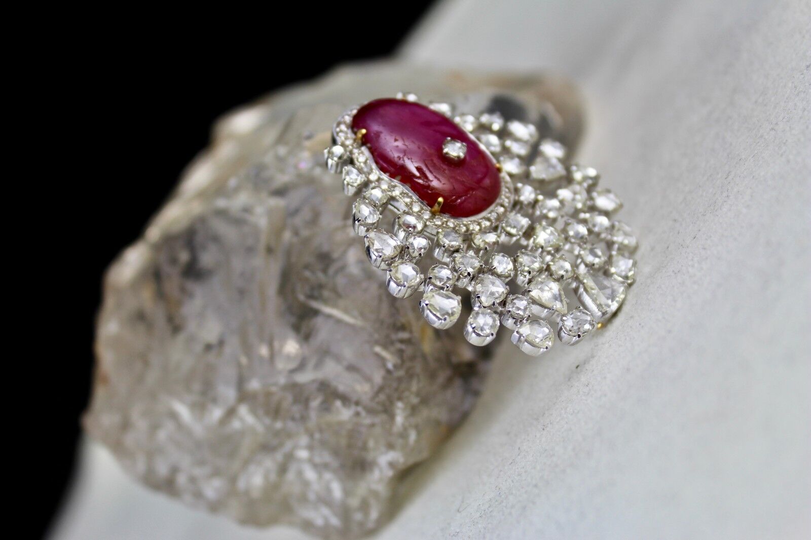 NATURAL NO HEAT BURMA RUBY CABOCHON ROSE CUT DIAMOND 18K GOLD PENDANT BROOCH