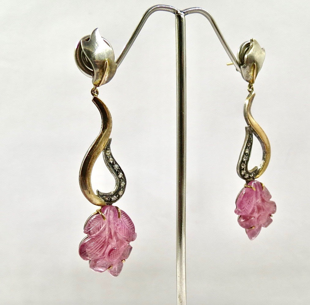 Natural Pink Tourmaline 10ct Natural Diamond 18k Gold Sterling Silver Earrings