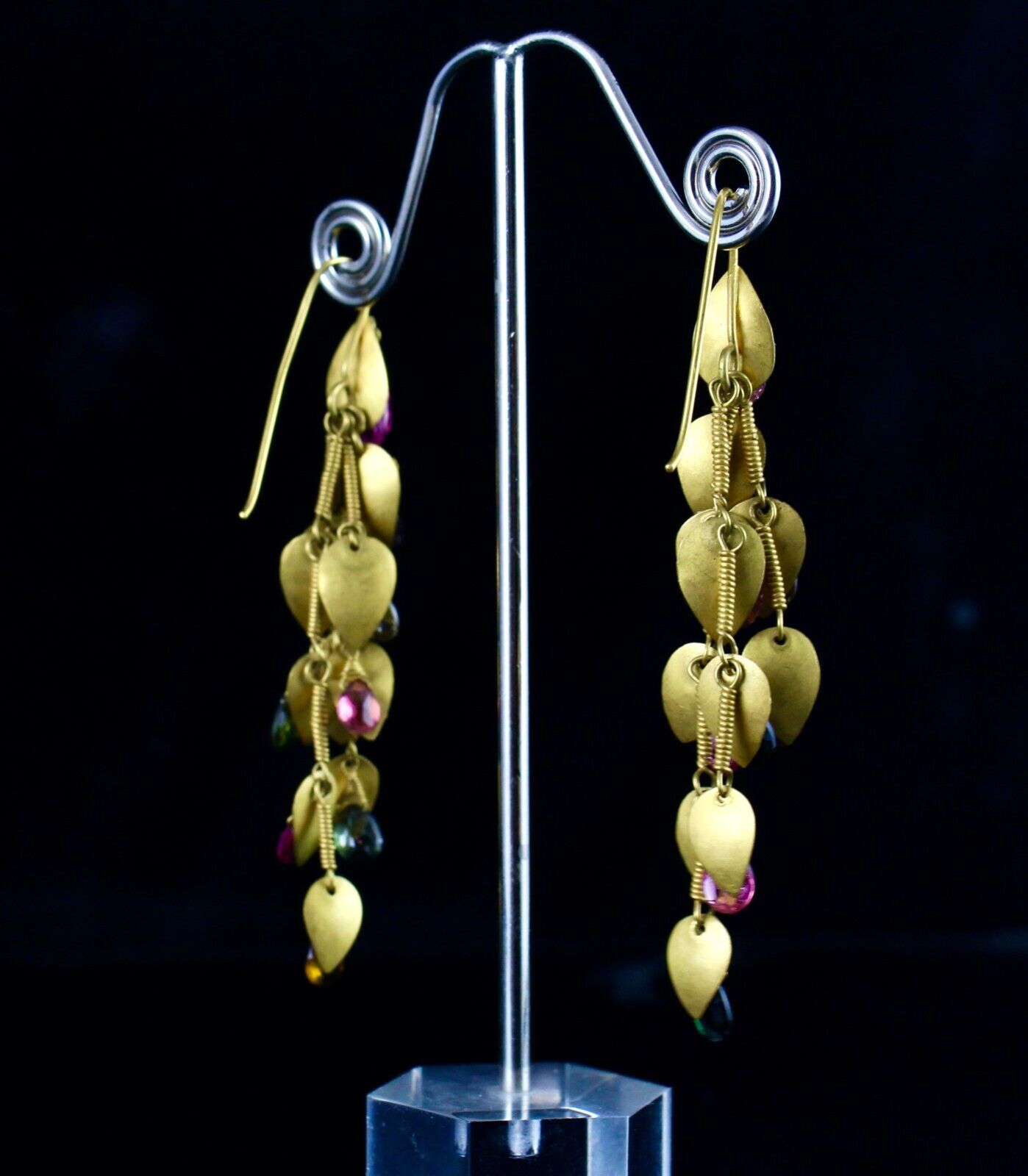 Fine Designer Multi Colour Tourmaline Teardrops 18K Yellow GOLD Leaves Earring