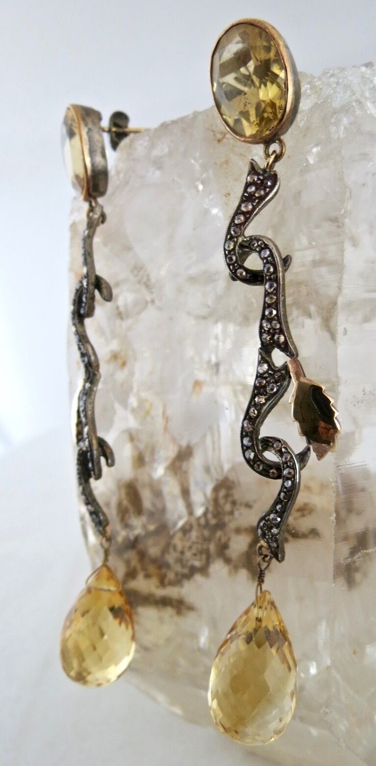 Old Antique Yellow Citrine Diamond 18K Gold 925 Silver Victorian Party Earring