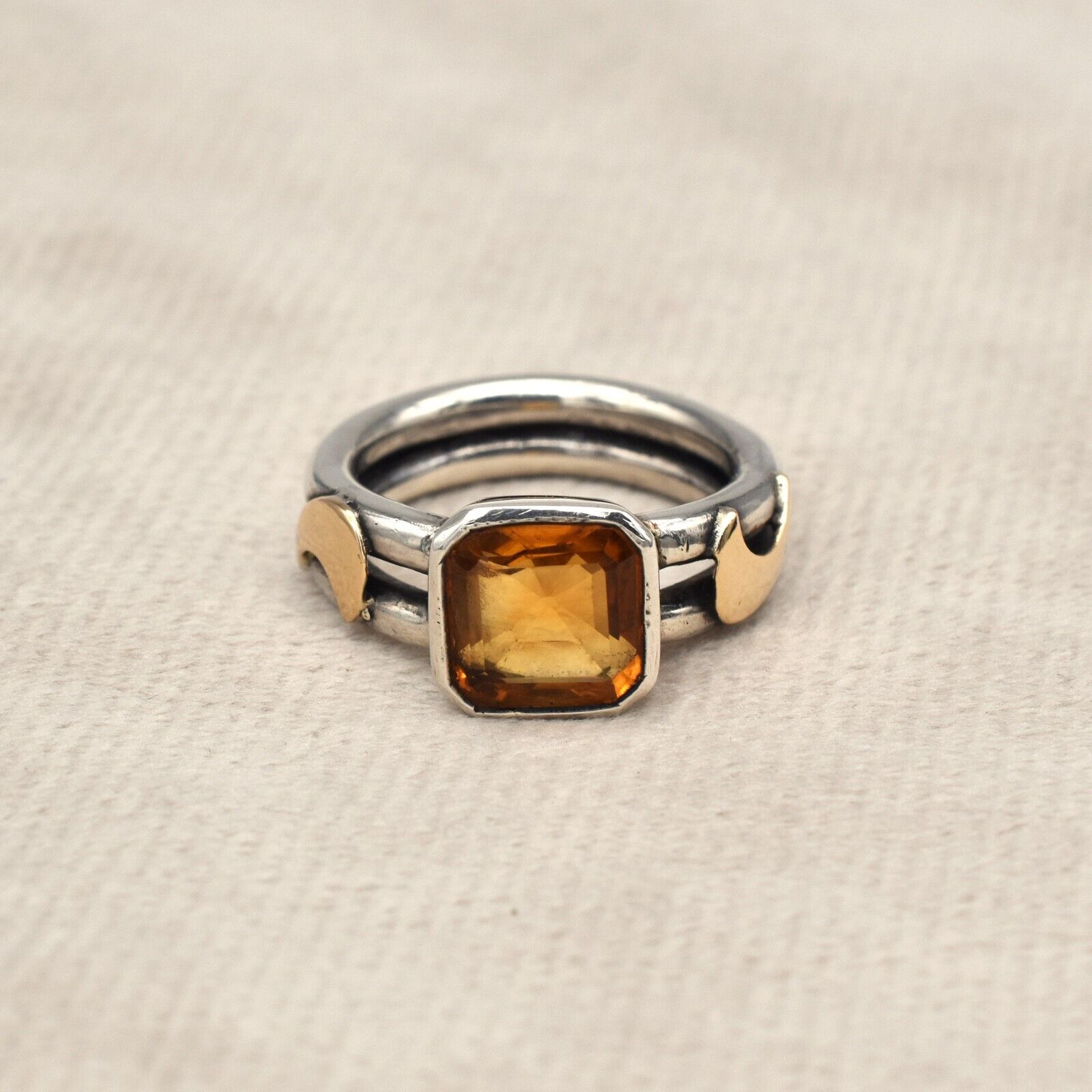 Vintage Yellow Citrine Ring 18k Gold 925 Silver Women Men November Birthstone