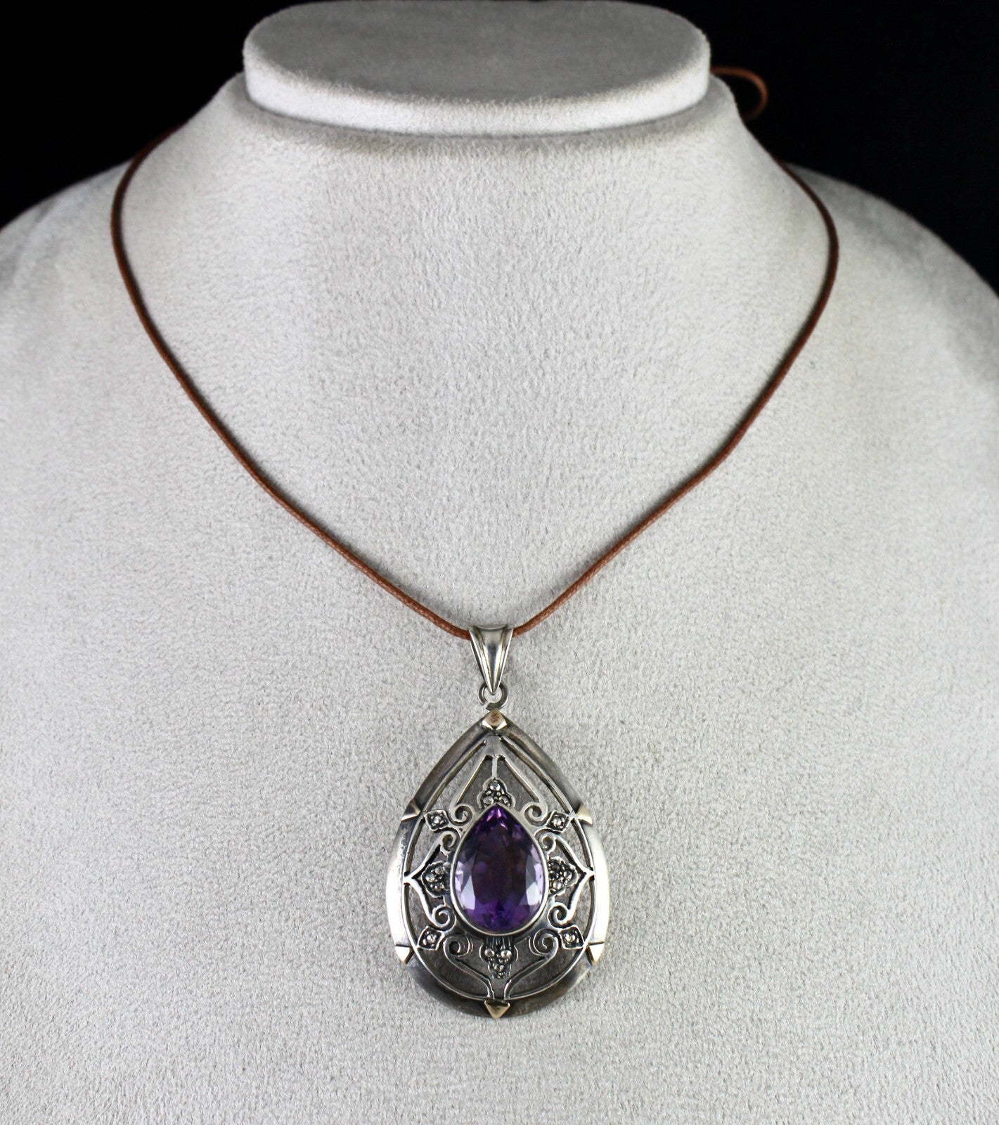 Antique Natural Amethyst 10ct Diamond Victorian Pendant Sterling Silver Gold