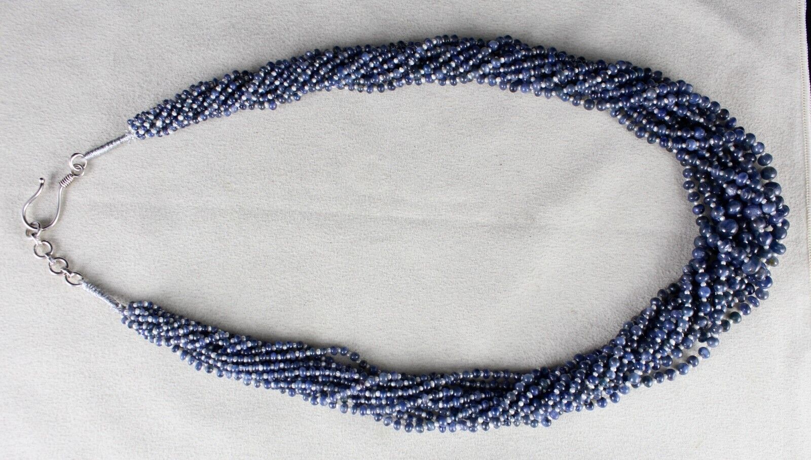 Certified Blue Sapphire & Pearl Round Beaded Necklace -11 L/649 Ct /Silver Clasp