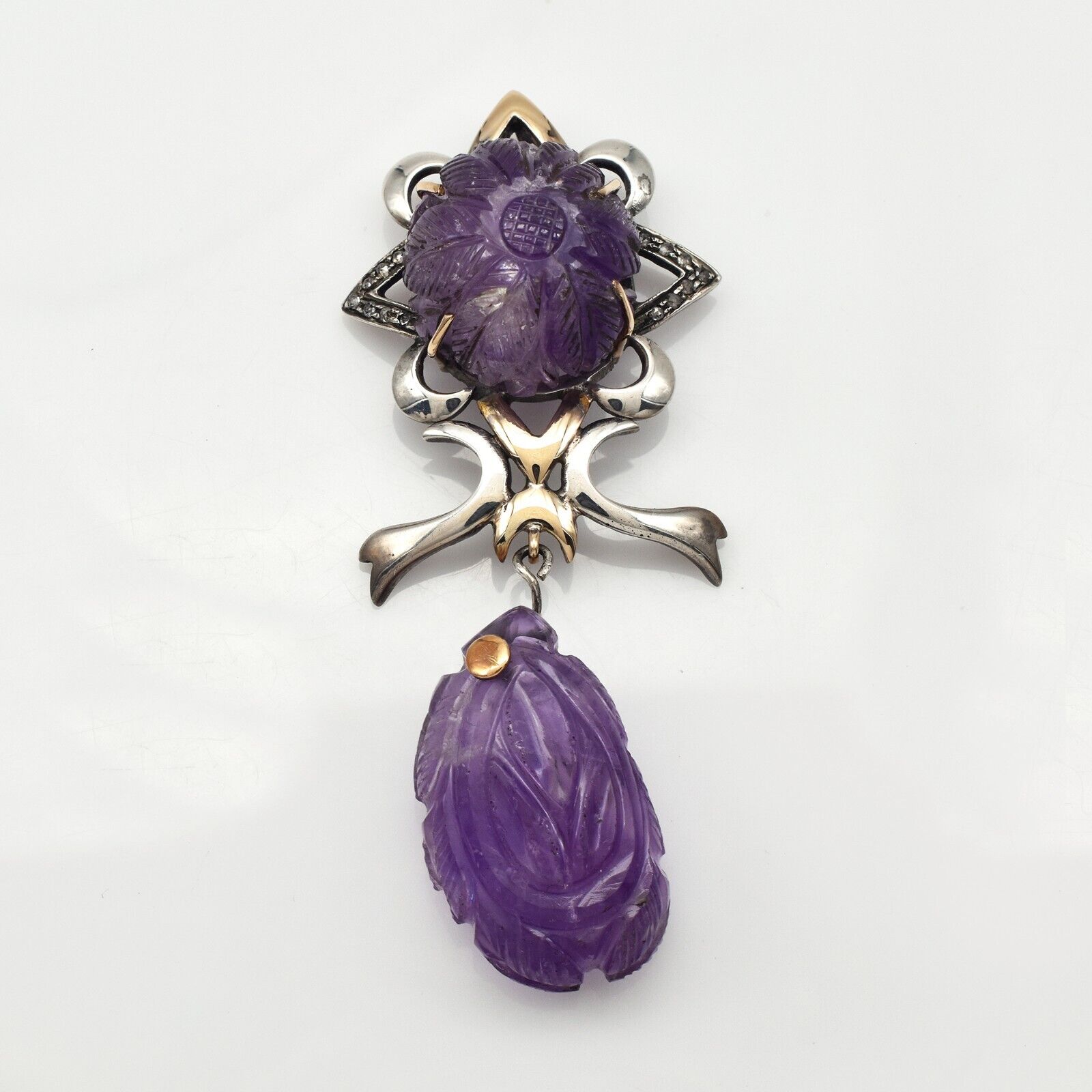 Vintage Natural Amethyst Engraved Diamond 18K Gold 925 Silver Victorian Pendant
