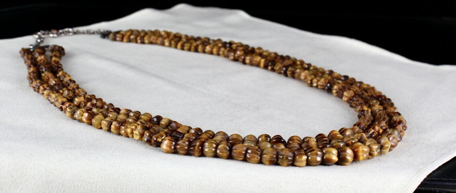 NATURAL TIGER EYE BEADS CARVED 3 LINE 593 CTS GEMSTONE LADIES ANTIQUE NECKLACE