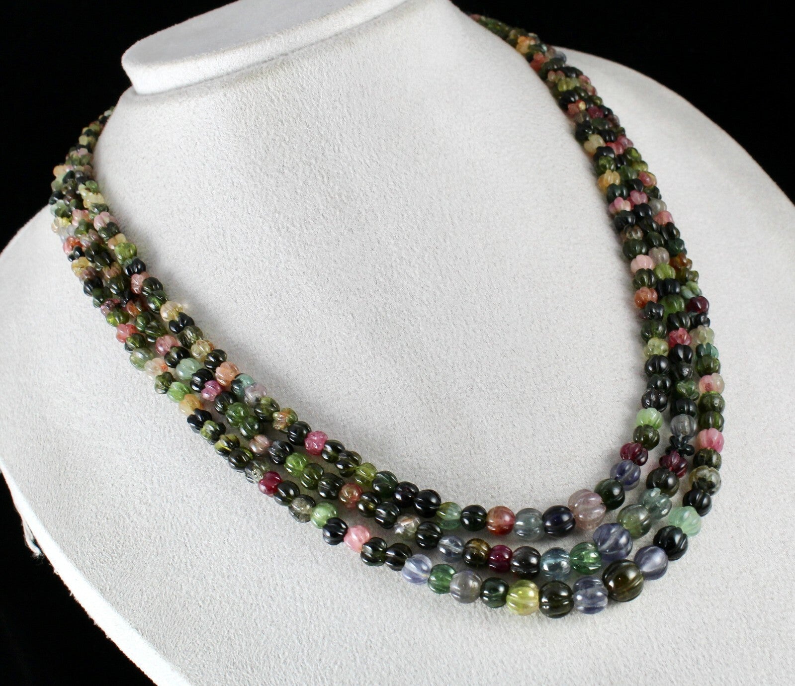 Certified Natural Multi Tourmaline Carved Melon Beads Necklace 390 Ct