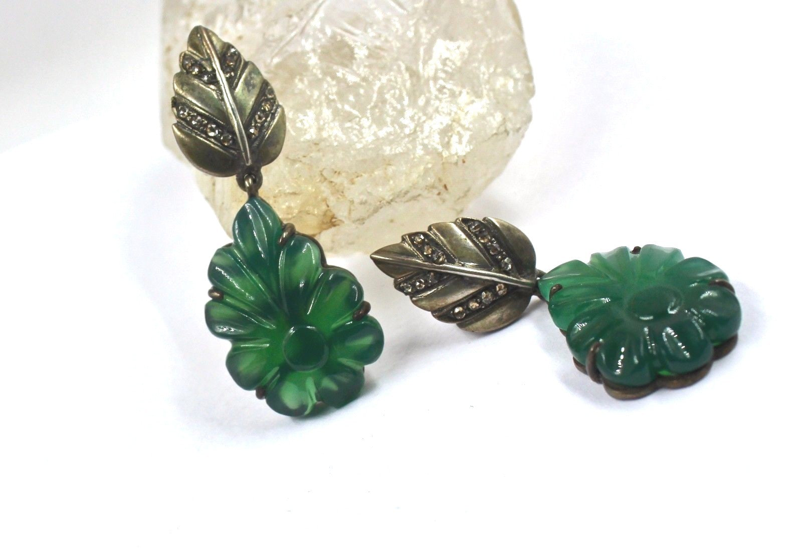 Green Onyx 10ct Carved Flower Natural Diamond In Sterling Silver Earrings