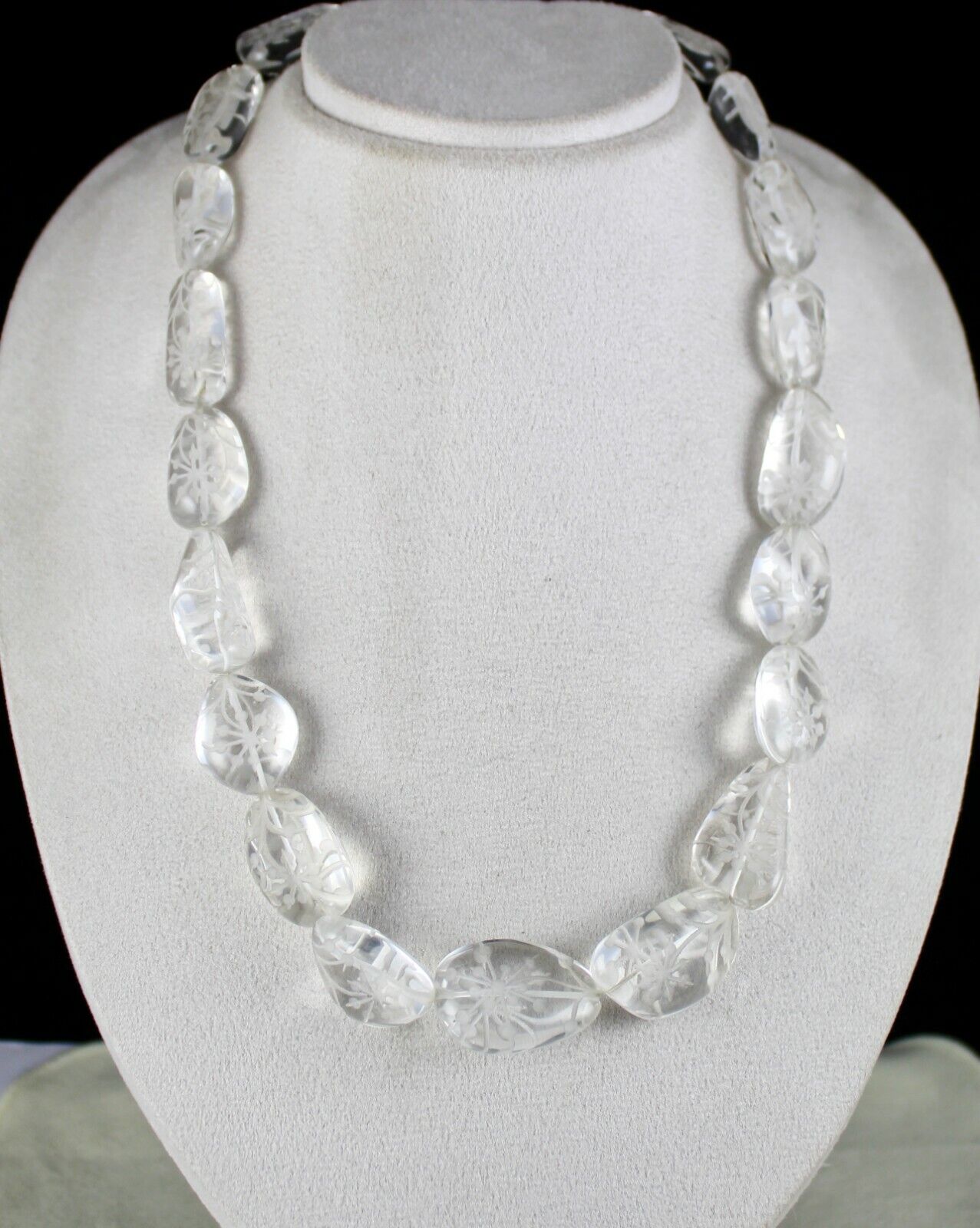 NATURAL ROCK CRYSTAL QUARTZ BEADS ENGRAVED 1 LINE 884 CARATS GEMSTONE NECKLACE