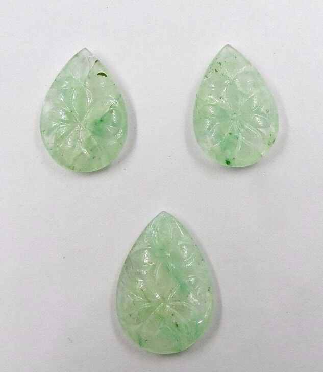 NATURAL GREEN COLOR EMERALD QUARTZ CARVED PEAR 3 PCS 67.85 CTS GEMSTONE