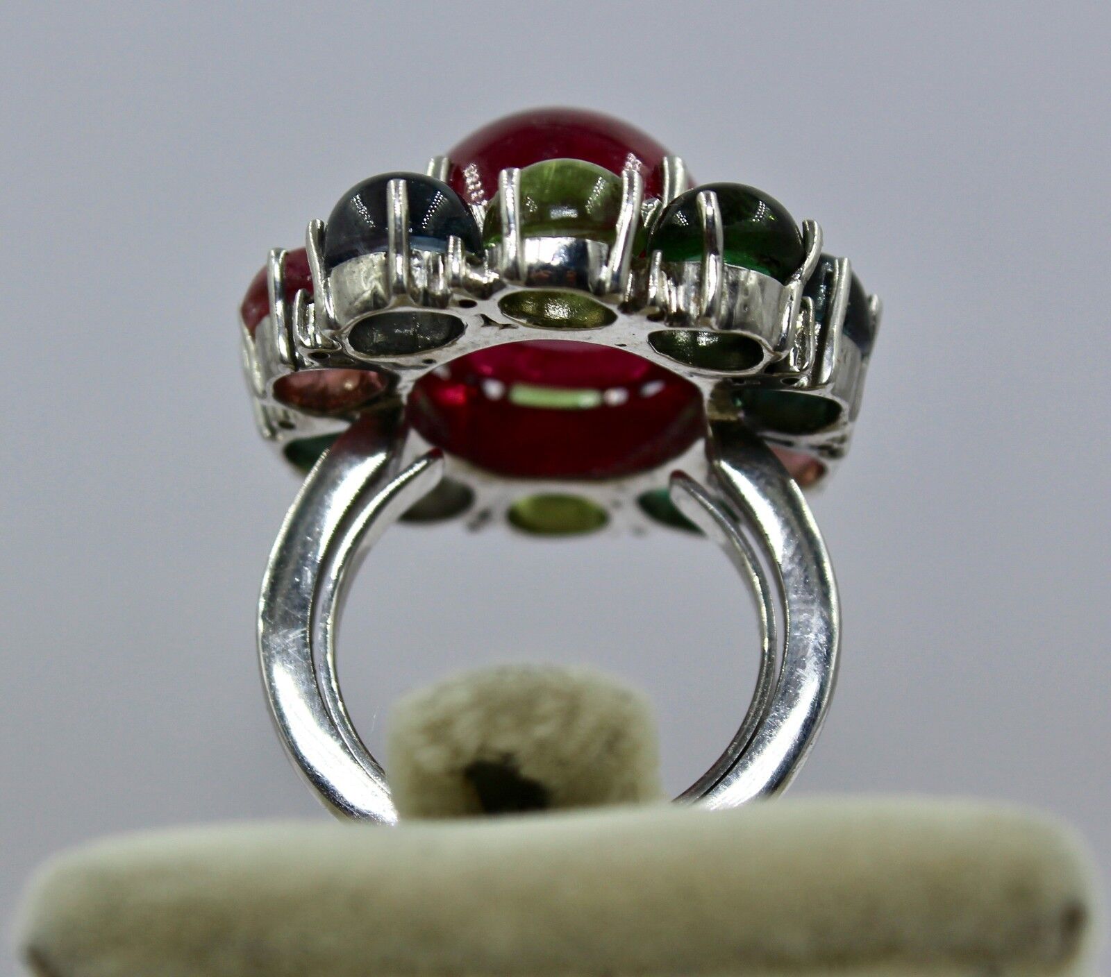 MULTI WATERMELON TOURMALINE CABOCHON DIAMOND 925 SILVER LADIES COCKTAIL RING