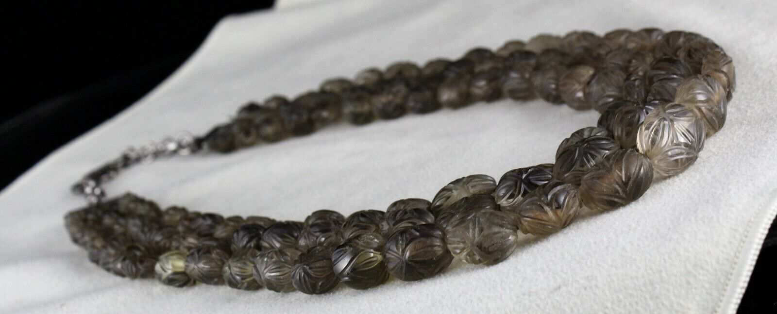 NATURAL SMOKY QUARTZ BEADS CARVED MELON 3 LINE 746 CARATS GEMSTONE NECKLACE