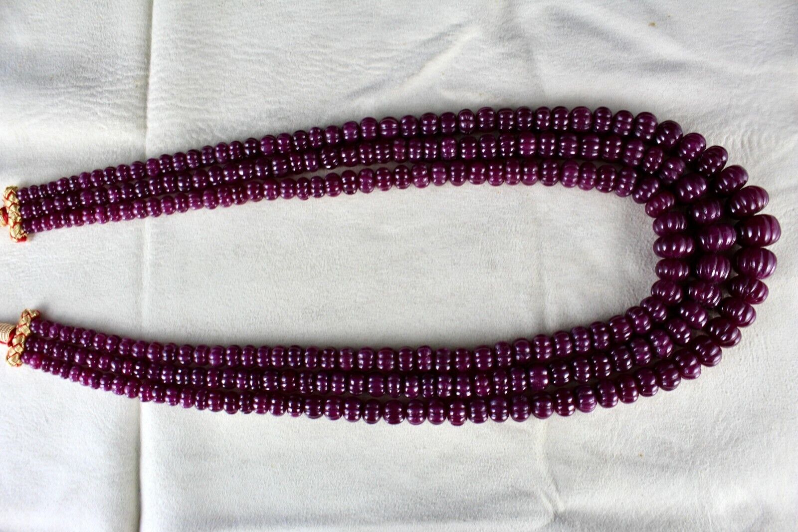 NATURAL UNTREATED RUBY BEADS CARVED MELON 3 LINE 1378 CARATS GEMSTONE NECKLACE