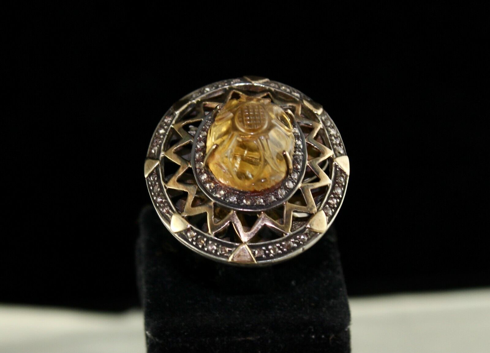 Antique Yellow Citrine Carved Diamond 18k Gold 925 Silver Ladies Victorian Ring