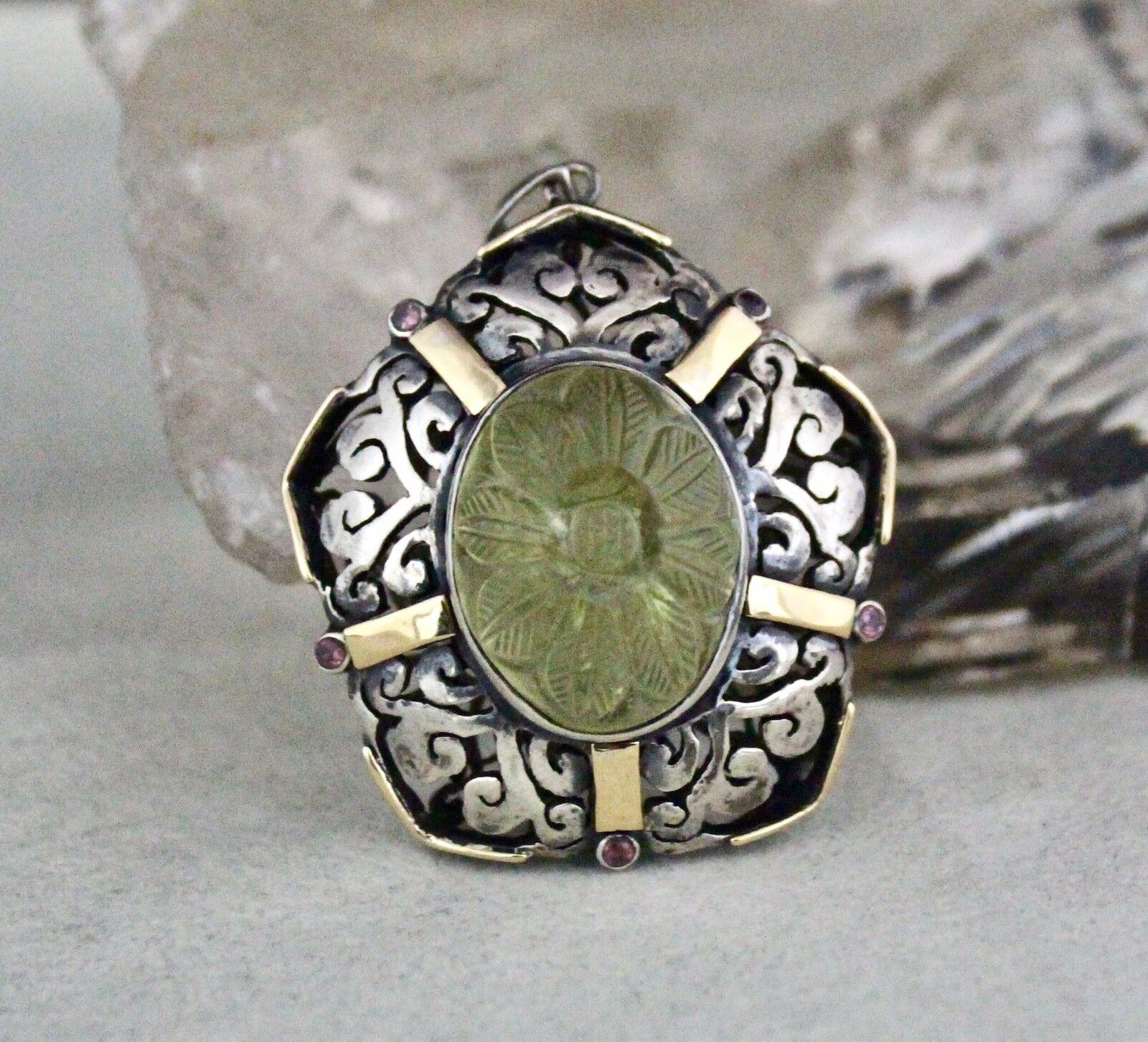 Natural Lemon Quartz Carved Oval Garnet Cut 18K Gold 925 Silver Carved Pendant