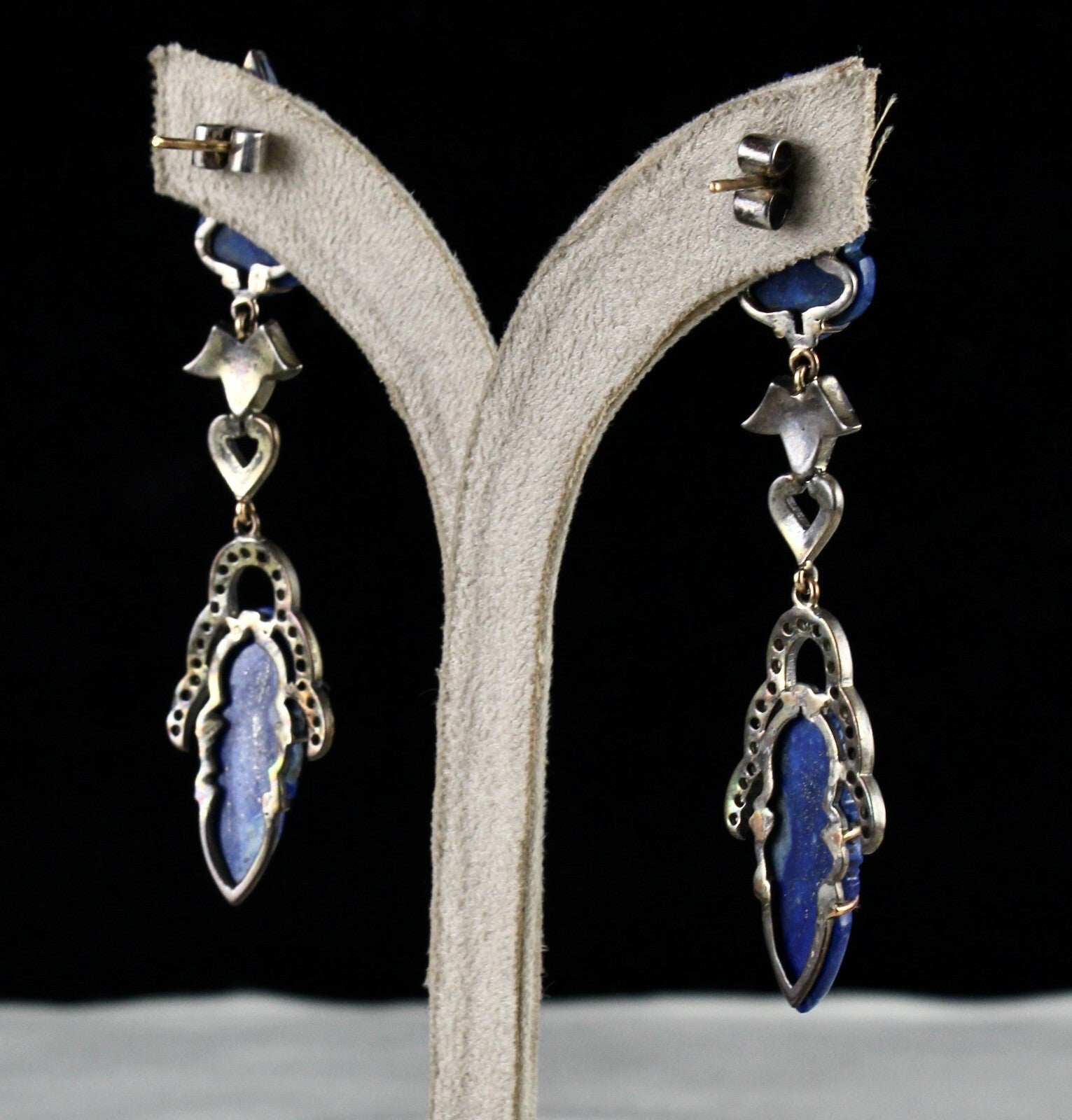 Certified Natural Lapis Lazuli 68ct Leaf Engraved Silver Earring Victorian Style