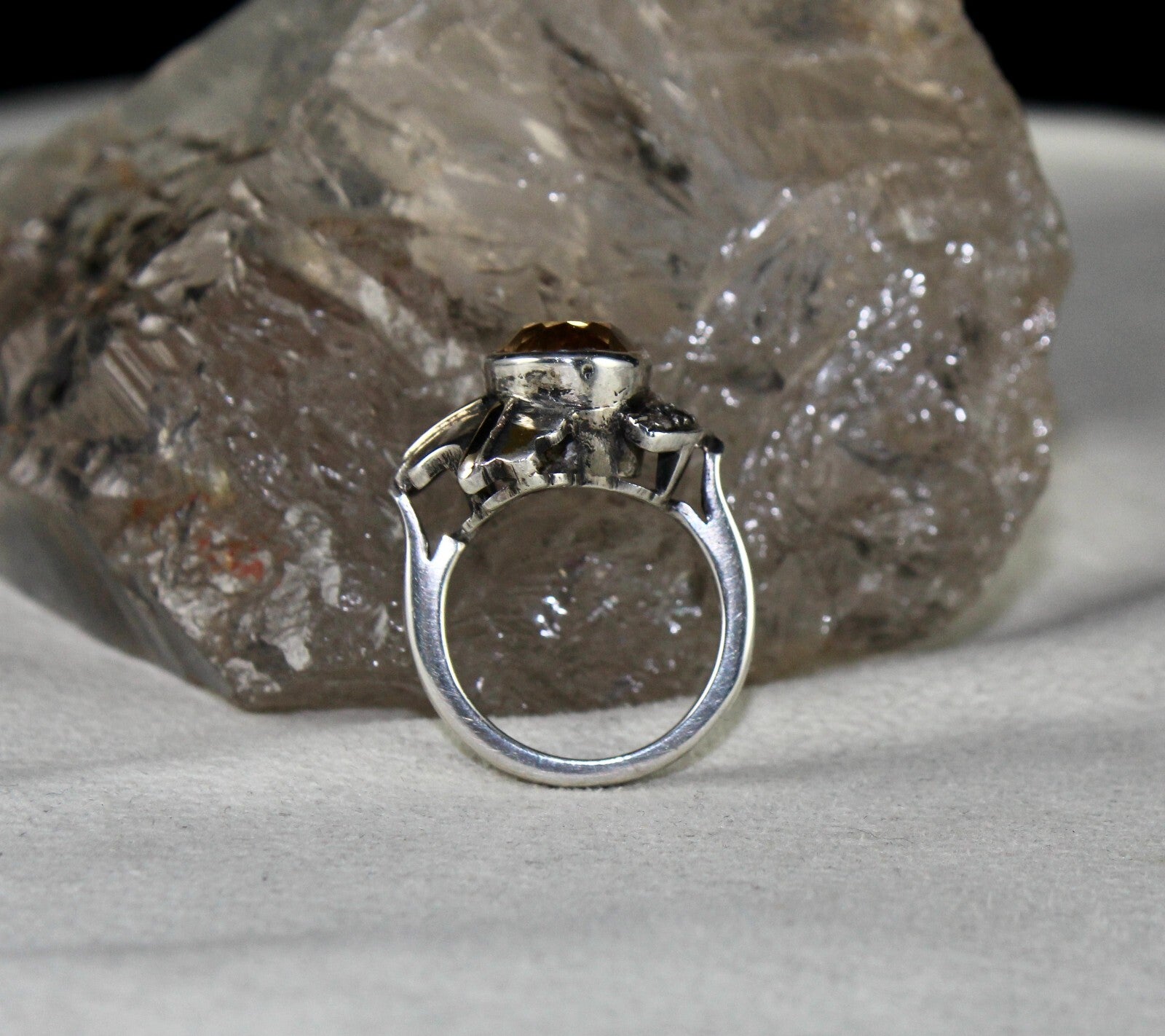 Vintage Natural Yellow Citrine 10ct Natural Diamond 18k Gold Silver Ring