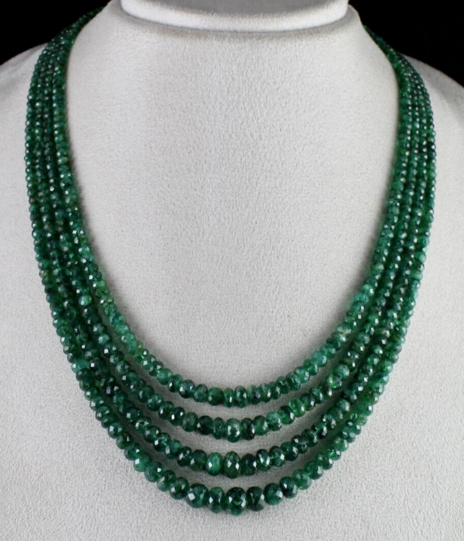 Certified Vintage Natural Emerald 389 Ct Bead Faceted Gemstone Necklace