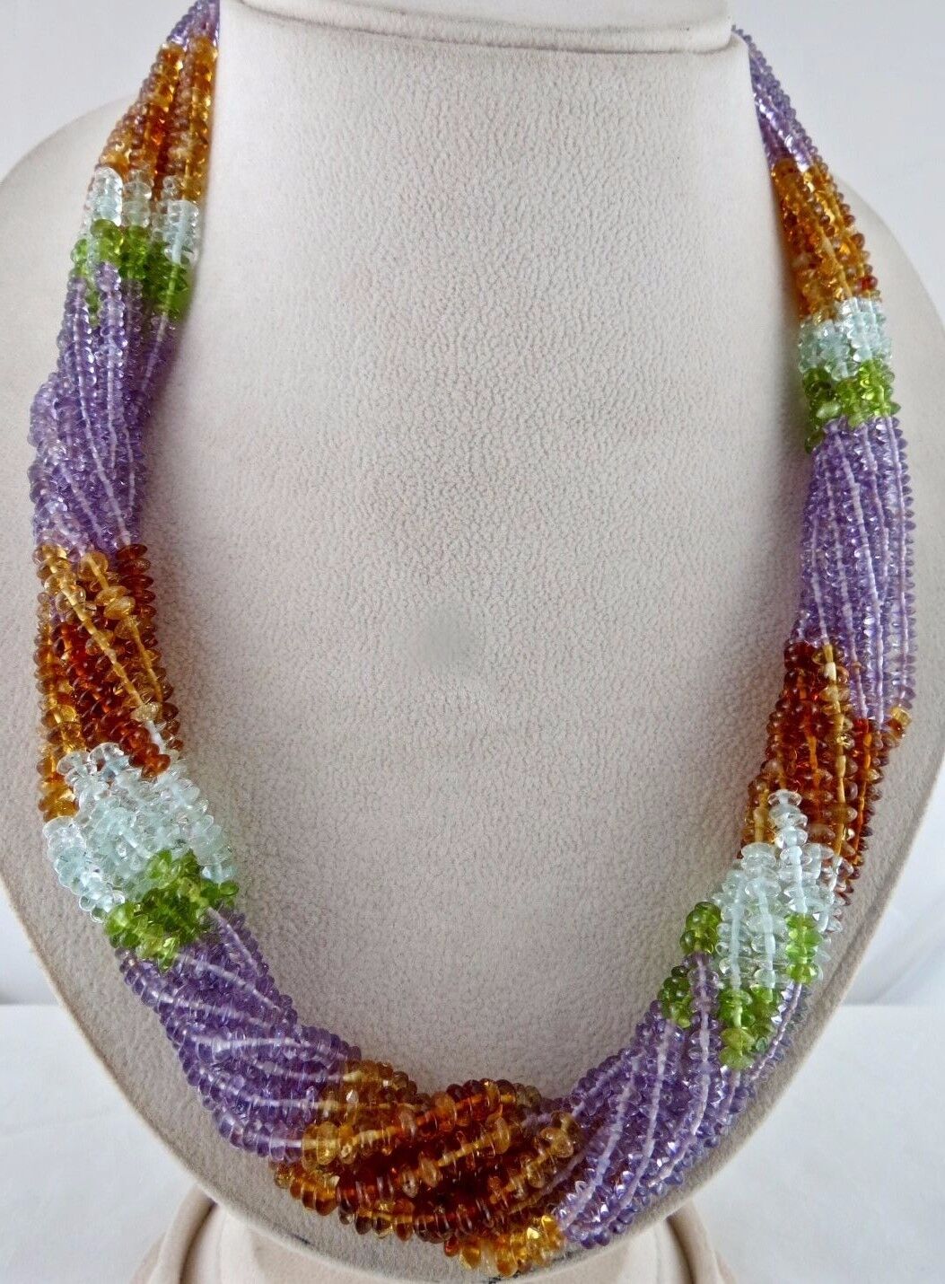 PERIDOT CITRINE AMETHYST BLUE TOPAZ AQUA 10 LINE 860 CTS ROUND BEADS NECKLACE
